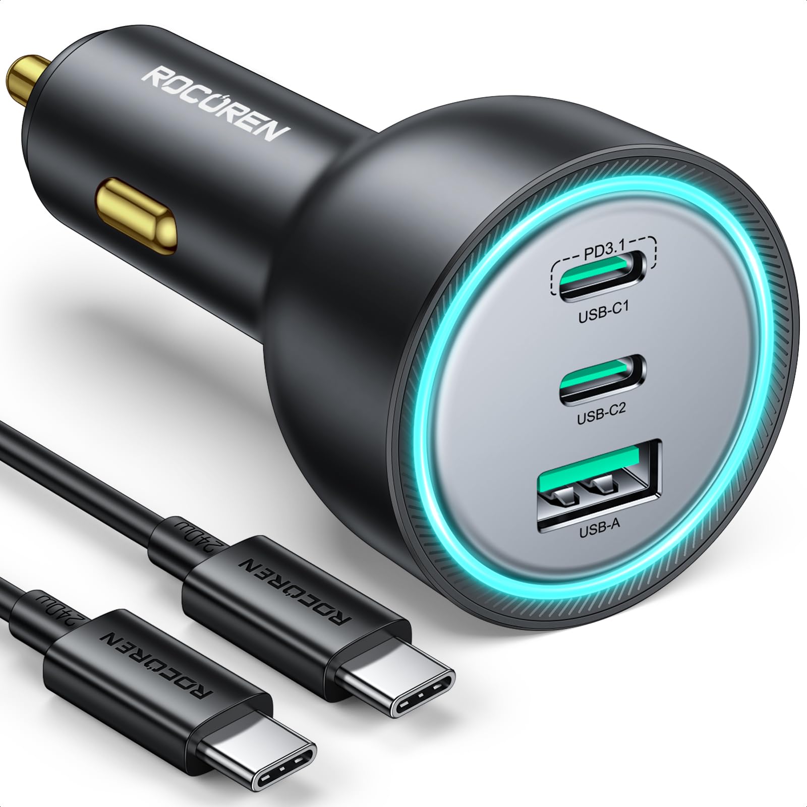 QBLOC Caricabatterie Auto 165W USB C 3 In 1 – 140W Per MacBook, 30W USB C E USB A, Ricarica Rapida 12V/24V