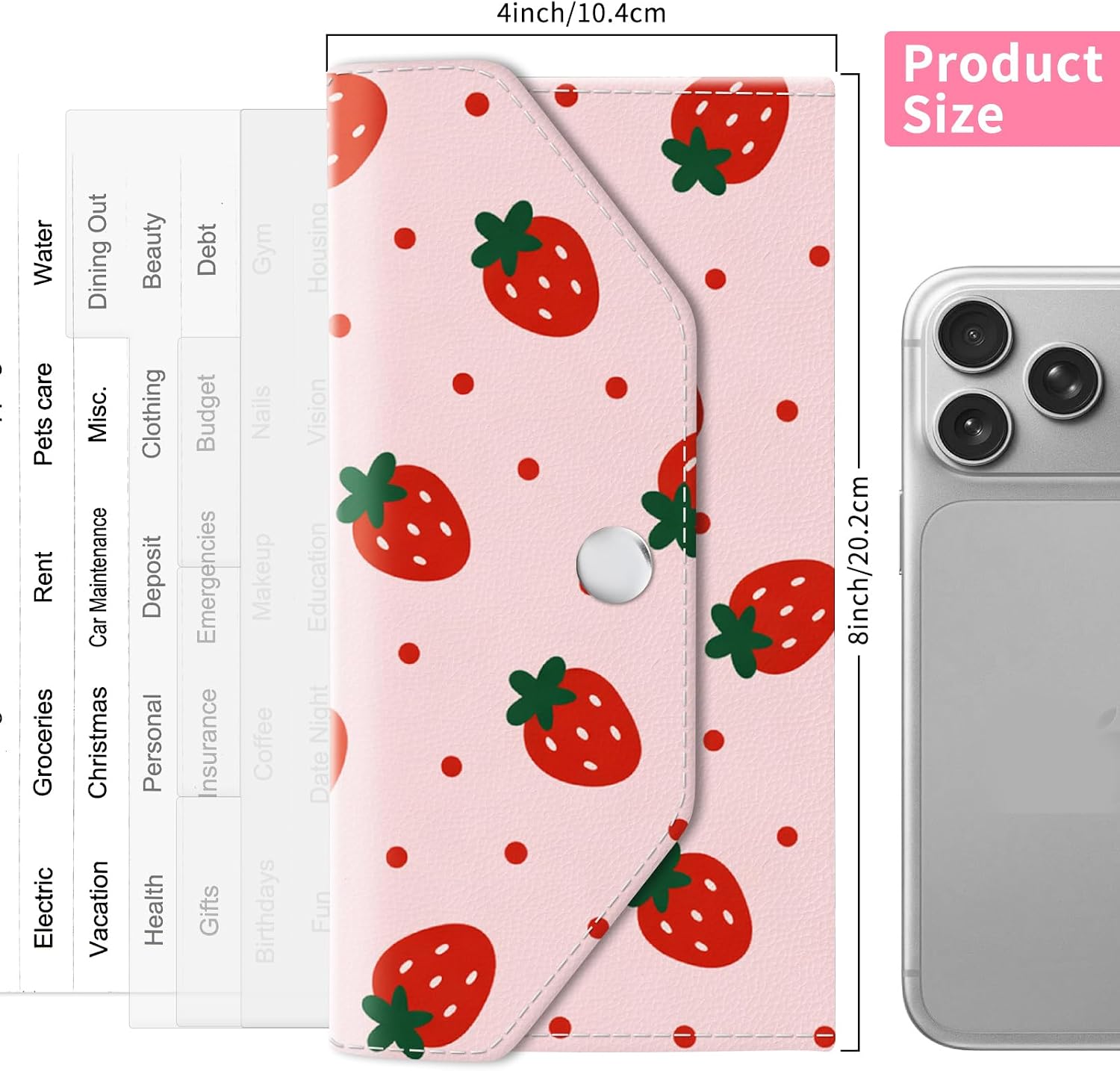 Cash Envelope Wallet for Budgeting, PU Leather Cute Cash Pouch with 4 Cash Dividers & 1 Category Stickers, Reusable Money Holder for Men and Women, Strawberry Pink image 5
