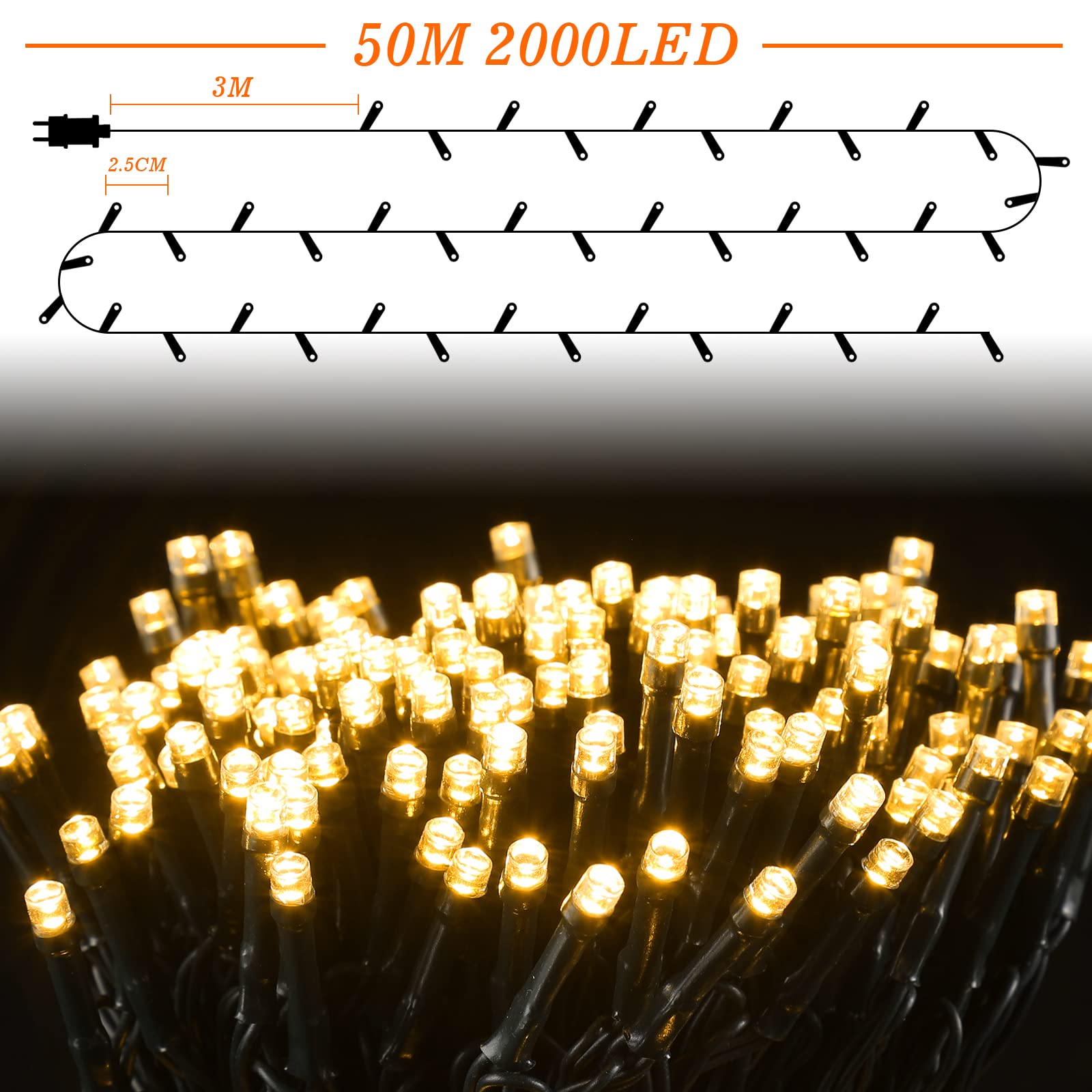 Marchpower 2000LED 50M Weihnachtsbeleuchtung Außen,Led Lichterkette mit 8 Modi IP44 Wasserdicht Strom Lichterkette Innen Weihnachtsdeko für Weihnachtsbaum, Balkon, Garten, Terrasse, Hochzeit, Party | 8 Modi, wasserdicht, strombetrieben, für Innen & Außen,