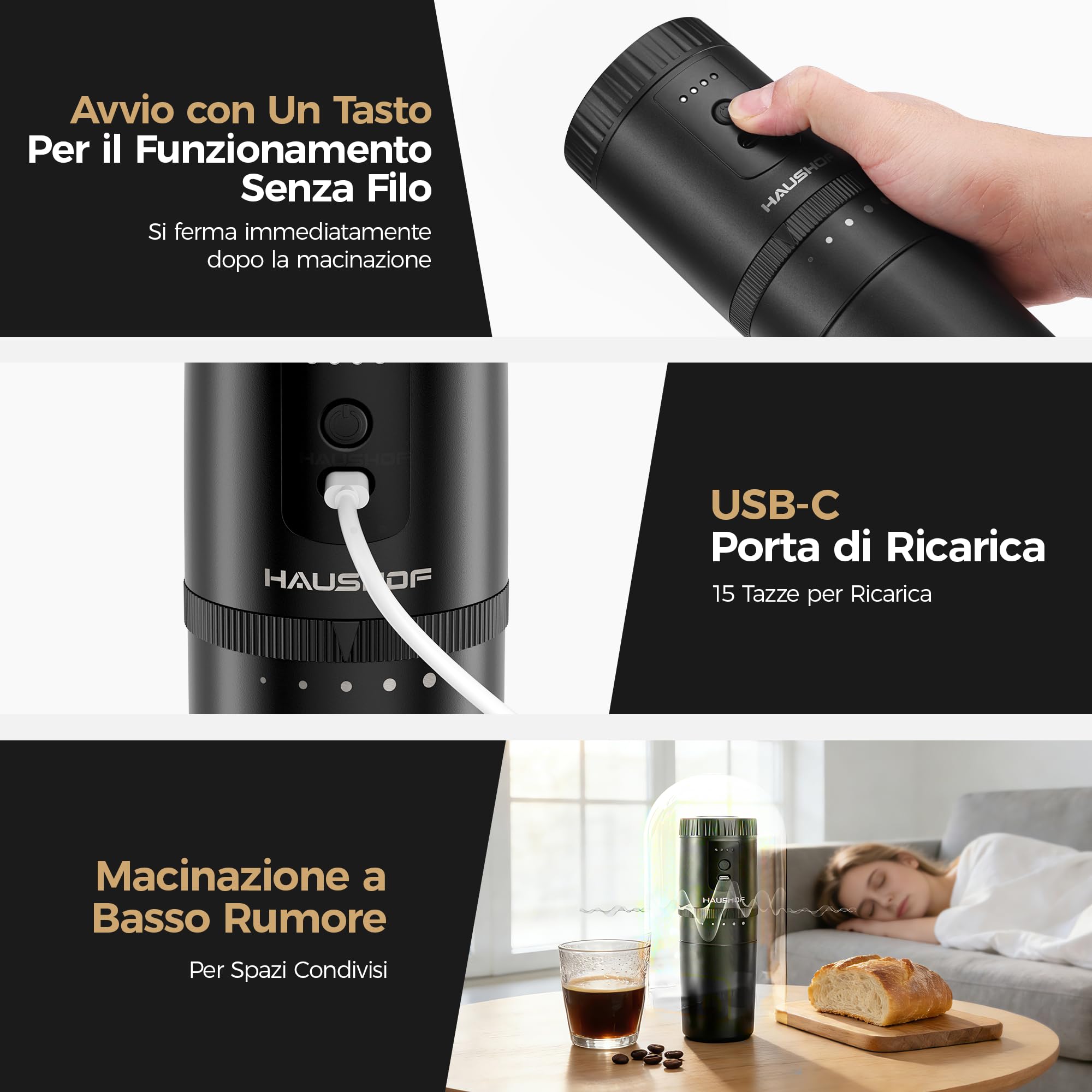 HAUSHOF Macinacaffè Elettrico Portatile Senza Filo con Infusione Integrata, Macinino Ricaricabile, Kit Manuale con Filtro in Acciaio e Tazza Termica da Viaggio, per Campeggio e Outdoor