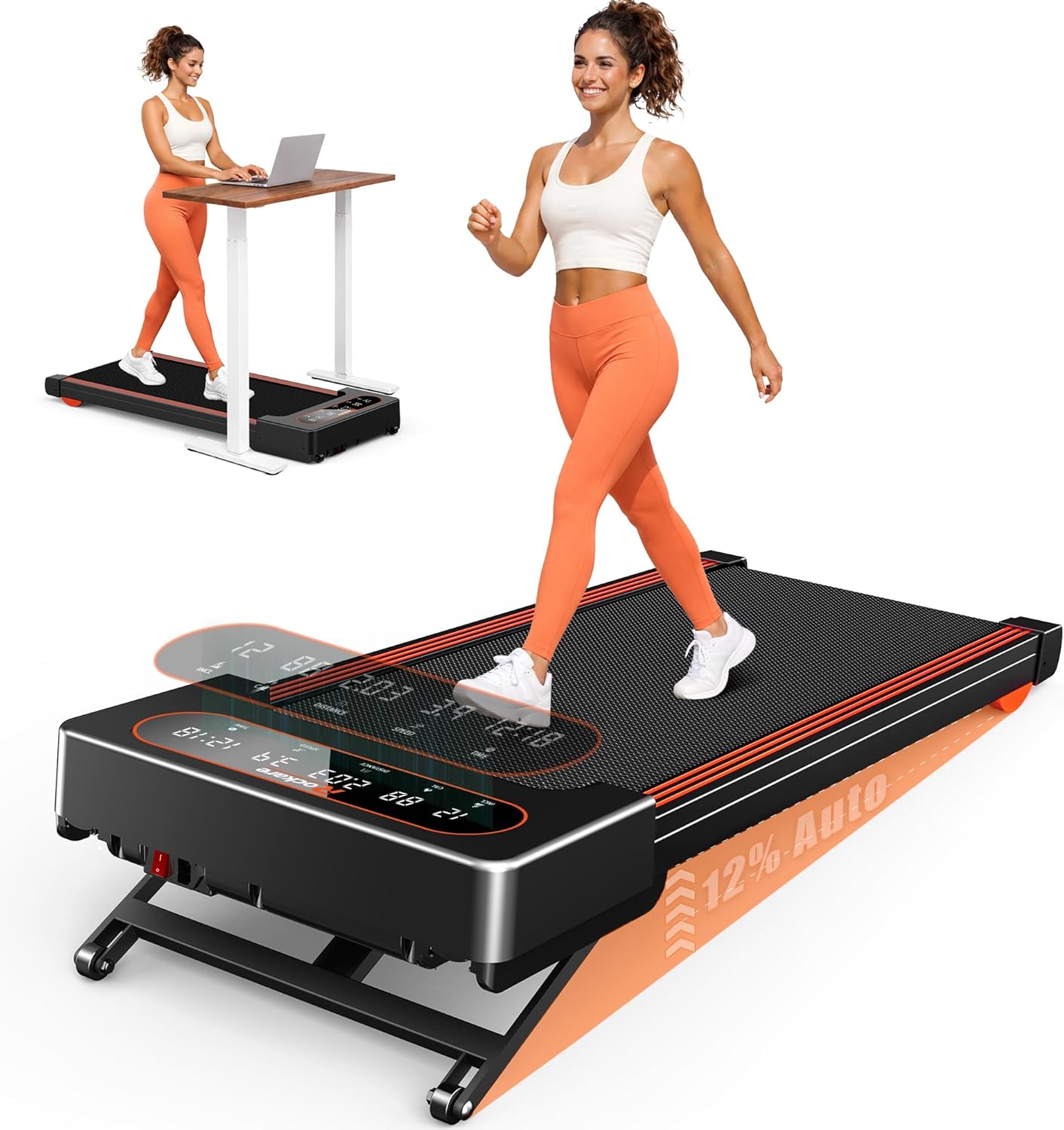 Walking Pad Treadmill with Auto Incline 12%-12Level, Quiet BLDC EvoDrive, Under Desk Treadmill for Home Office, Full Metrics Display, Extra-Large Belt, Quadra Cushion, 300lbs Capacity, App Control