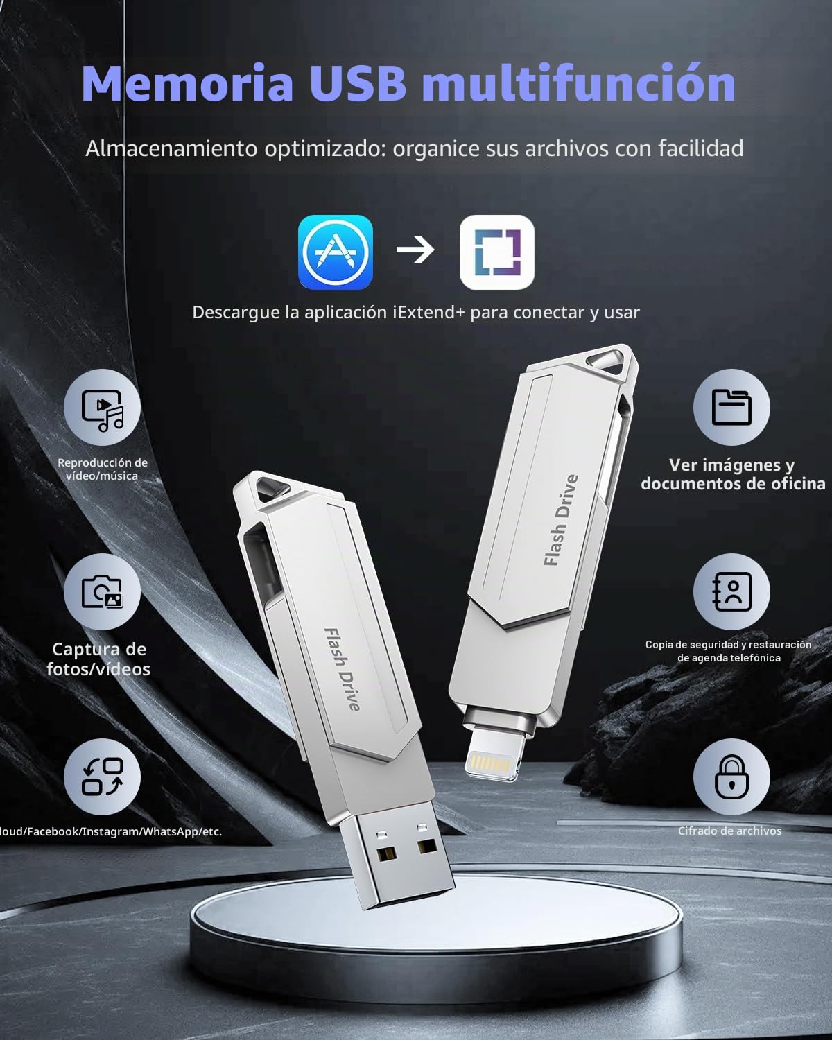 Pendrive para iPhone 256GB MFi Certified 3 en 1 Memoria USB 3.0 Lightning Memoria Externa Tipo C para iPhone/iPad/iOS/Android/Mac/PC - pendrive movil (Plata)