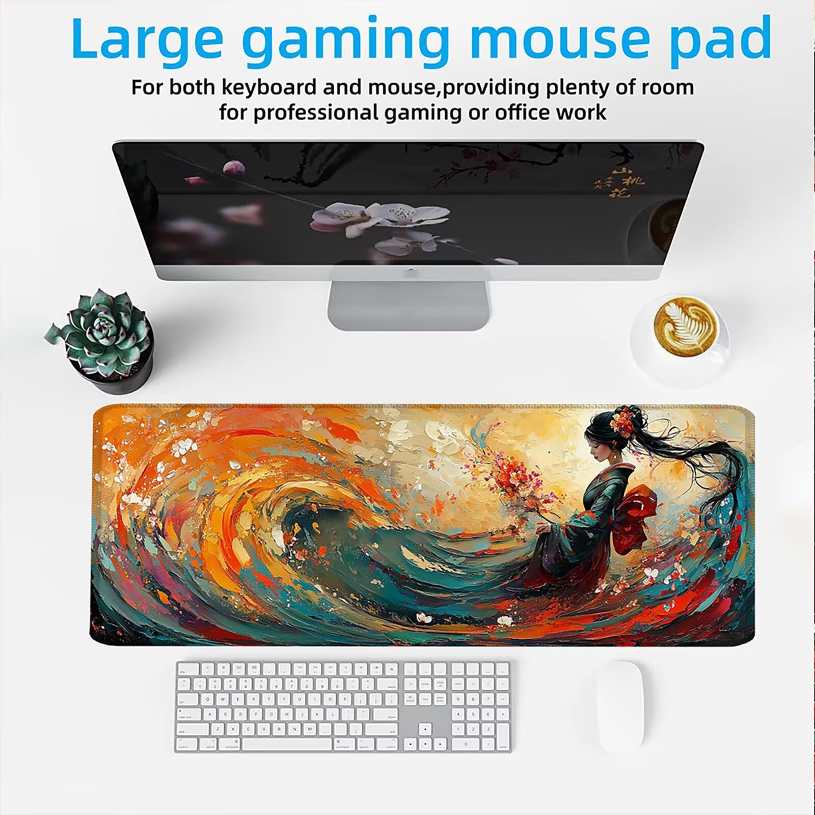 Podkładka pod mysz 1200 x 600 mm Podkładka pod mysz dla graczy, bardzo cienka podkładka na biurko antypoślizgowa gumowa podstawa zmywalna ulepszona prędkość dla PC, komputera, pracy - japońska gejsza