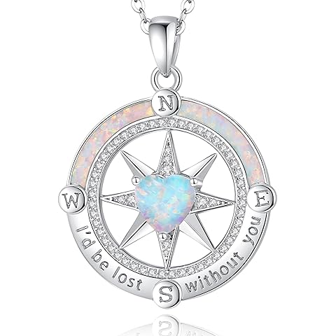 FANCIME Compass Necklace for Women Sterling Silver Compass Jewelry Opal Pendant Fine Jewelry Gemstone Birthday Christmas Gifts for Wife