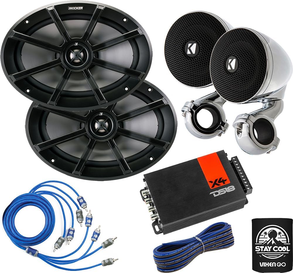 Kit KICKER: 2 Parlantes Manillar 3", 2 Parlantes 6x9", Amplificador DS18 440W