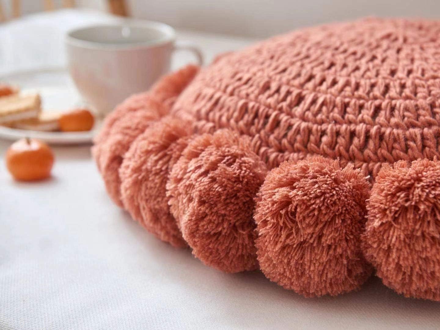 Boho Round Throw Pillow with Pom Poms Fringe Tassels, Bohemian Cute Decorative Circular Pillow with Knitted Texture for Sofa Chair, Acrylic Diameter 18 inches, Orange