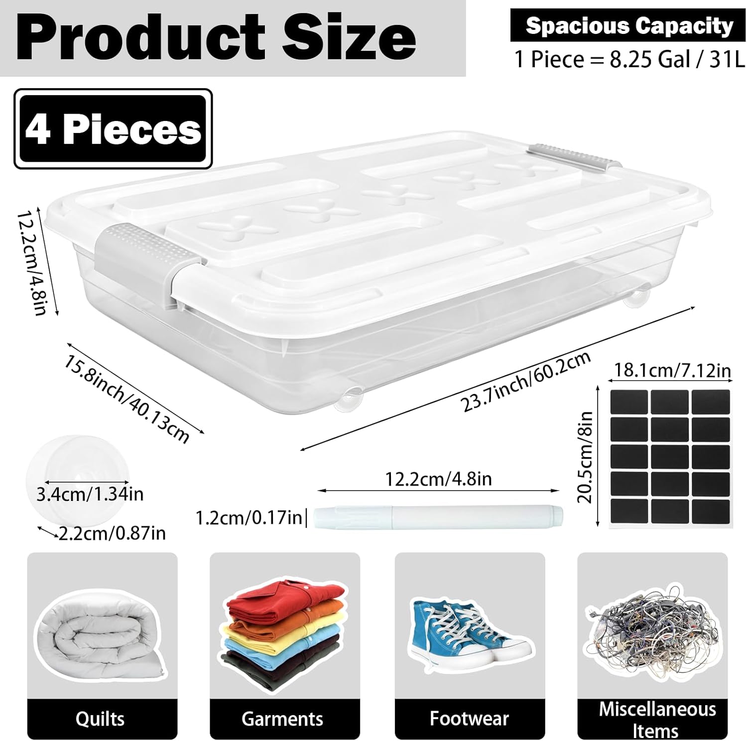 4 Pcs Plastic Under Bed Storage Containers with Handles and Lid Wheels, 23.7 x 15.8 x 4.8 Inch White clear Stackable Latching Container, Clothes Shoes Large Capacity Bins, for Bedroom Closet