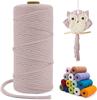 Single Strand Macrame Cord 3mm x 110yards, Hemp Gray Natural Cotton Macrame Rope Yarn for Wall Hangings, Plant Hangers, DIY Crafts, Home Decorations