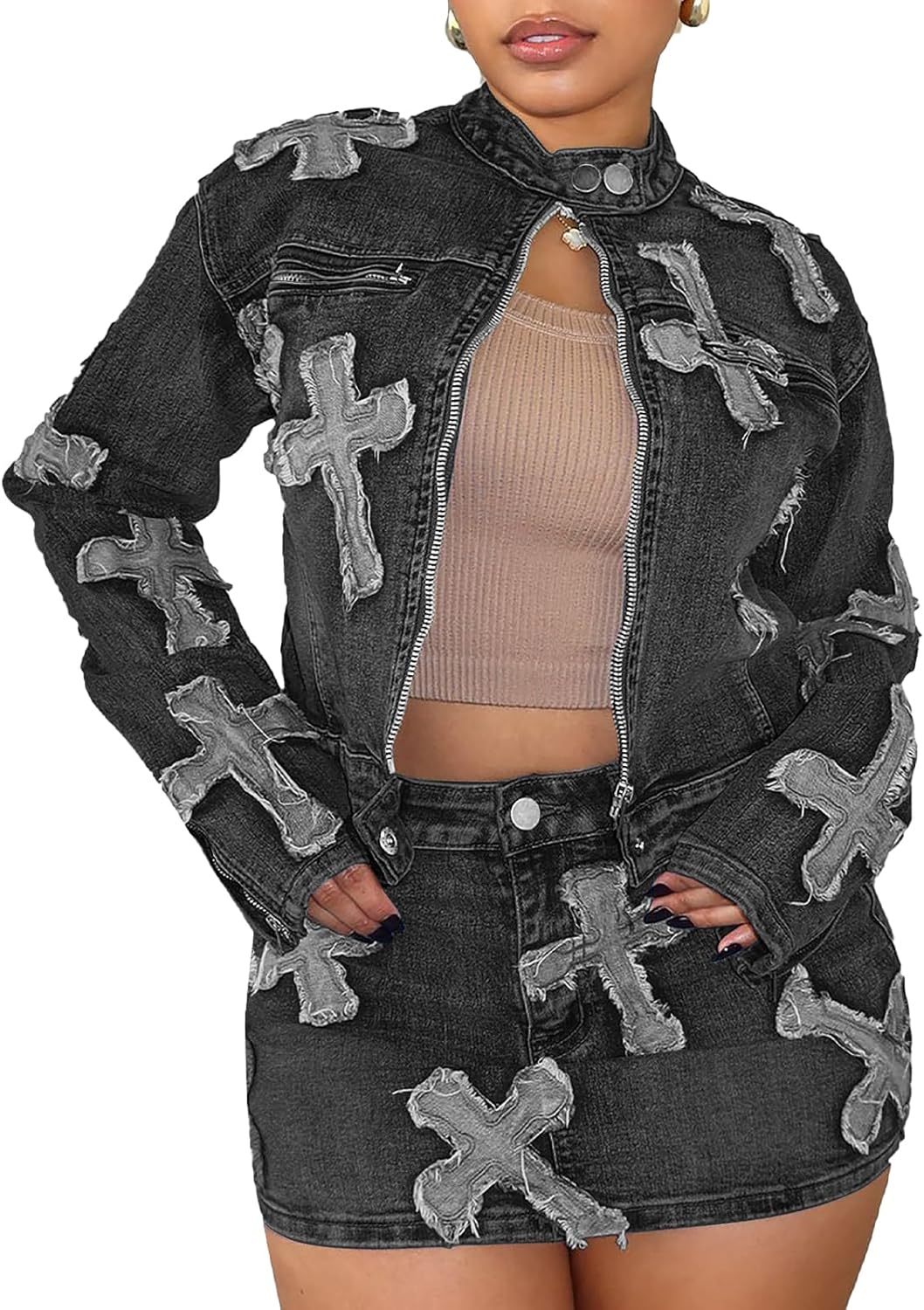 Elainone 2 Piece Denim Skirt Set for Women Zipper Jacket and Mini Skirt Sets with Pockets