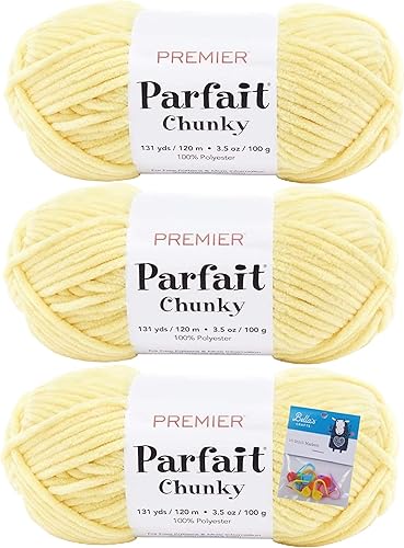 Premier Yarns Parfait Chunky - 3.5 oz - Peso súper voluminoso #6 - Paquete de 3 paquetes con 10 marcadores de puntada Bella's Crafts (Sunshine)