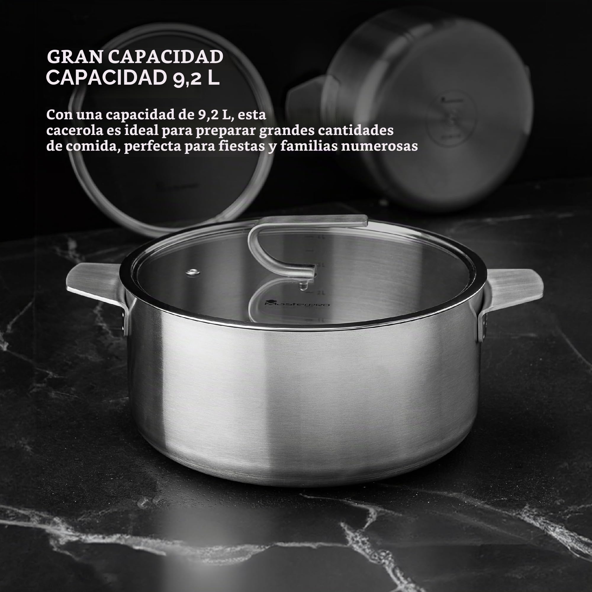 MasterPro SIGMA - Cacerola Grande con Tapa 9.2L 28x15 cm Acero Inoxidable - Multi-capa - Mango Duradero - Medidor Interno - Adecuada para Diversas Fuentes de Calor