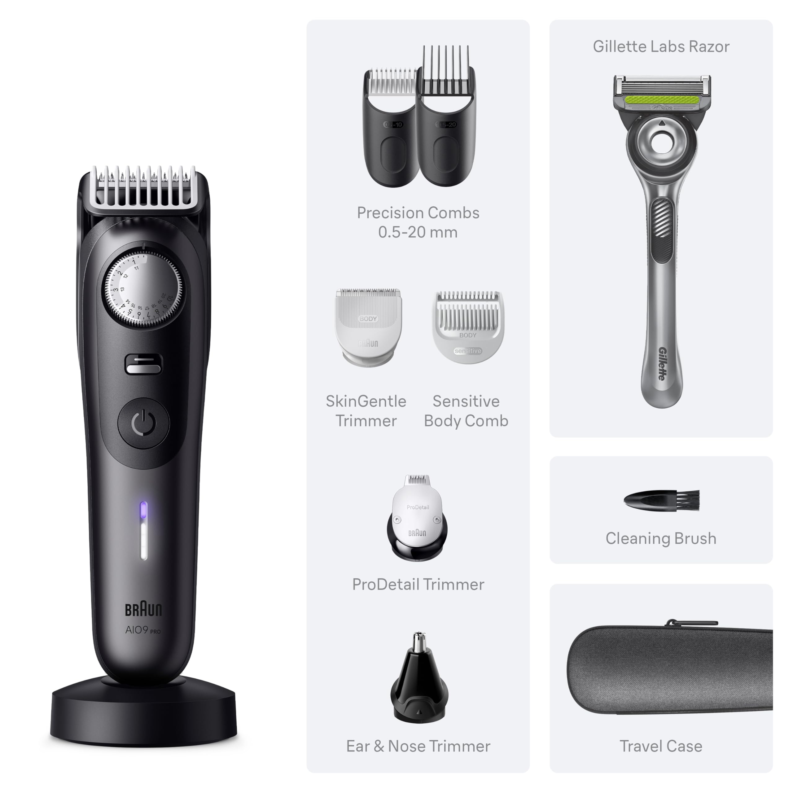 Braun Kit de rasage tout-en-un pour homme série 9 AIO 9555, barbe, visage, nez, oreille, tondeuse à cheveux, tondeuse pour le corps et manscaping