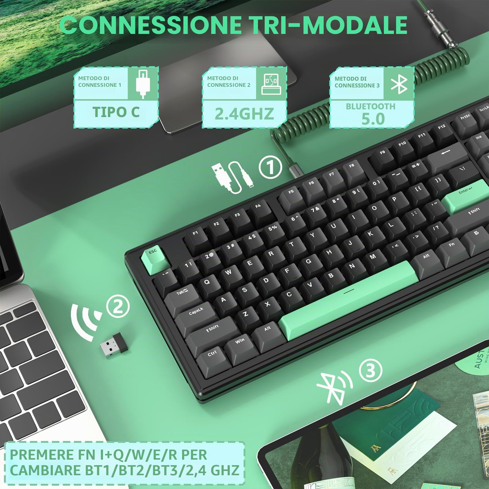 ATTACK SHARK M87 Tastiera da Gioco Bluetooth 5.0/2.4G/Type-C Tastiera Meccanica Cablata/wireless Hot Swap TKL 87 tasti Tastiera Bluetooth RGB compatta con cavo a spirale per tastiera per PC Software