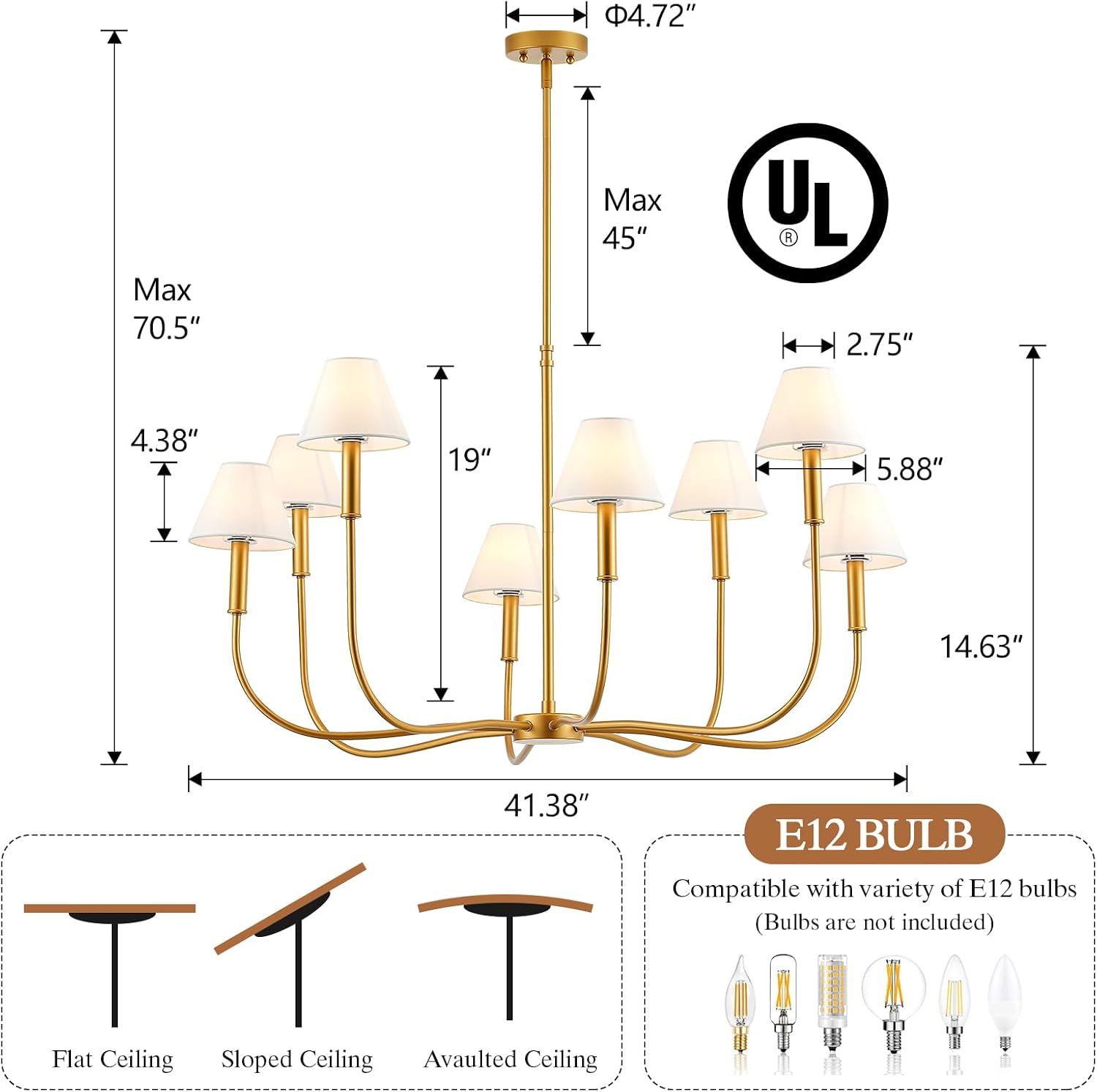 Modern Gold Chandelier, 8-Light Farmhouse Chandelier with Whte Fabric Shades, 41.5’’ Large Chandelier for Dining Room Linear Pendant Light Fixture for Living Room Foyer Staircase, UL Listed