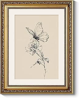 ARPEOTCY 11x14 Inch Framed Butterfly and Flower Line Art Wall Deco, Vintage Botanical Sketch Canvas Print with Gold Frame, Minimalist Black and White Wall Art for Bedroom Living Room Offic
