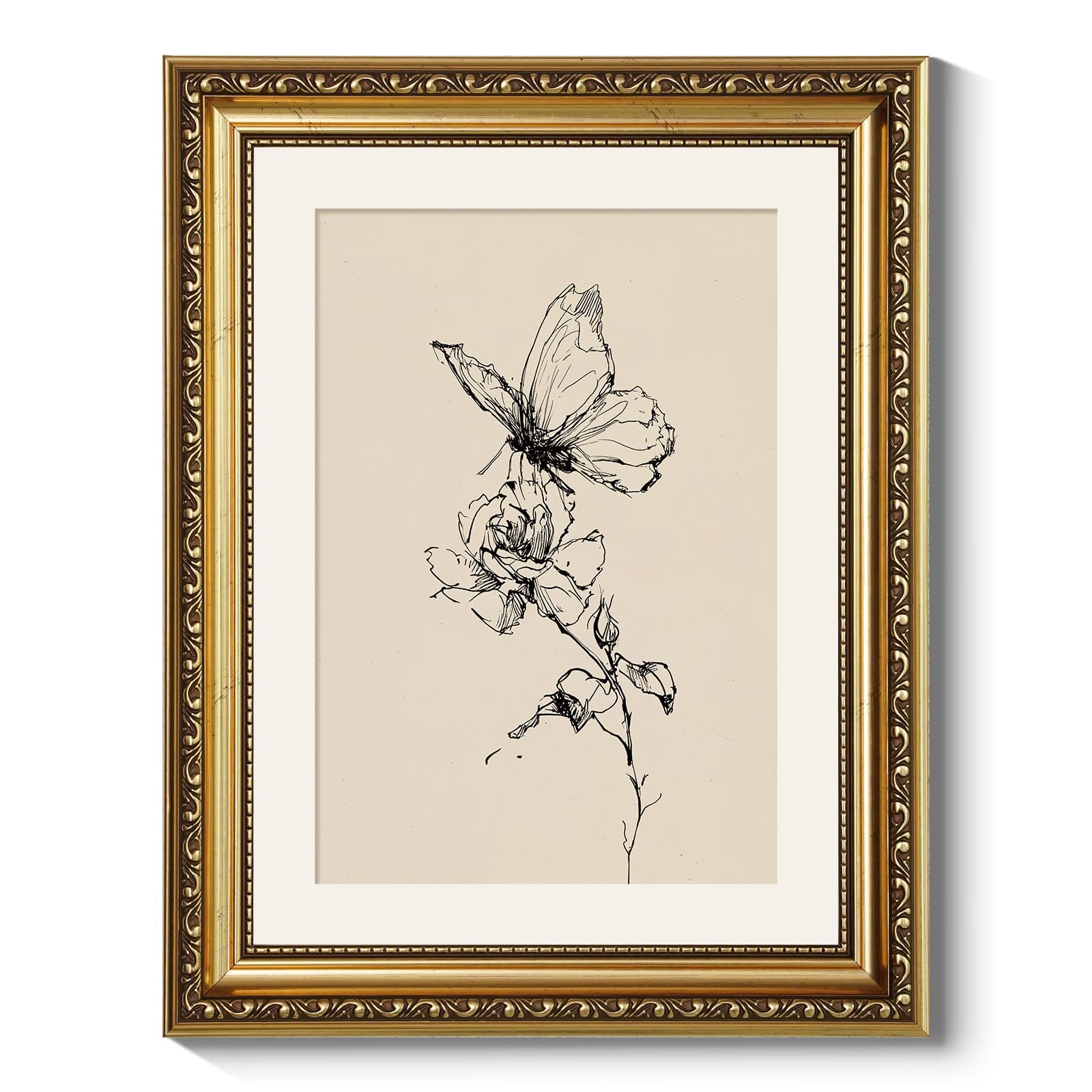 ARPEOTCY 11x14 Inch Framed Butterfly and Flower Line Art Wall Deco, Vintage Botanical Sketch Canvas Print with Gold Frame, Minimalist Black and White Wall Art for Bedroom Living Room Offic