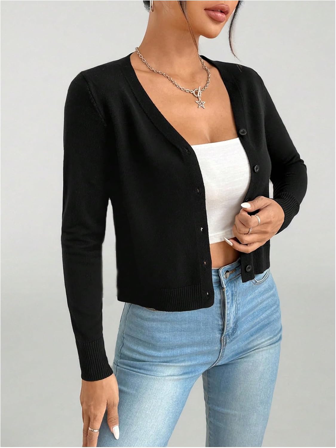SHENHE Women's Button Up V Neck Cardigan Lightweight Long Sleeve Soft Knit Sweater Cardigan - Image 2