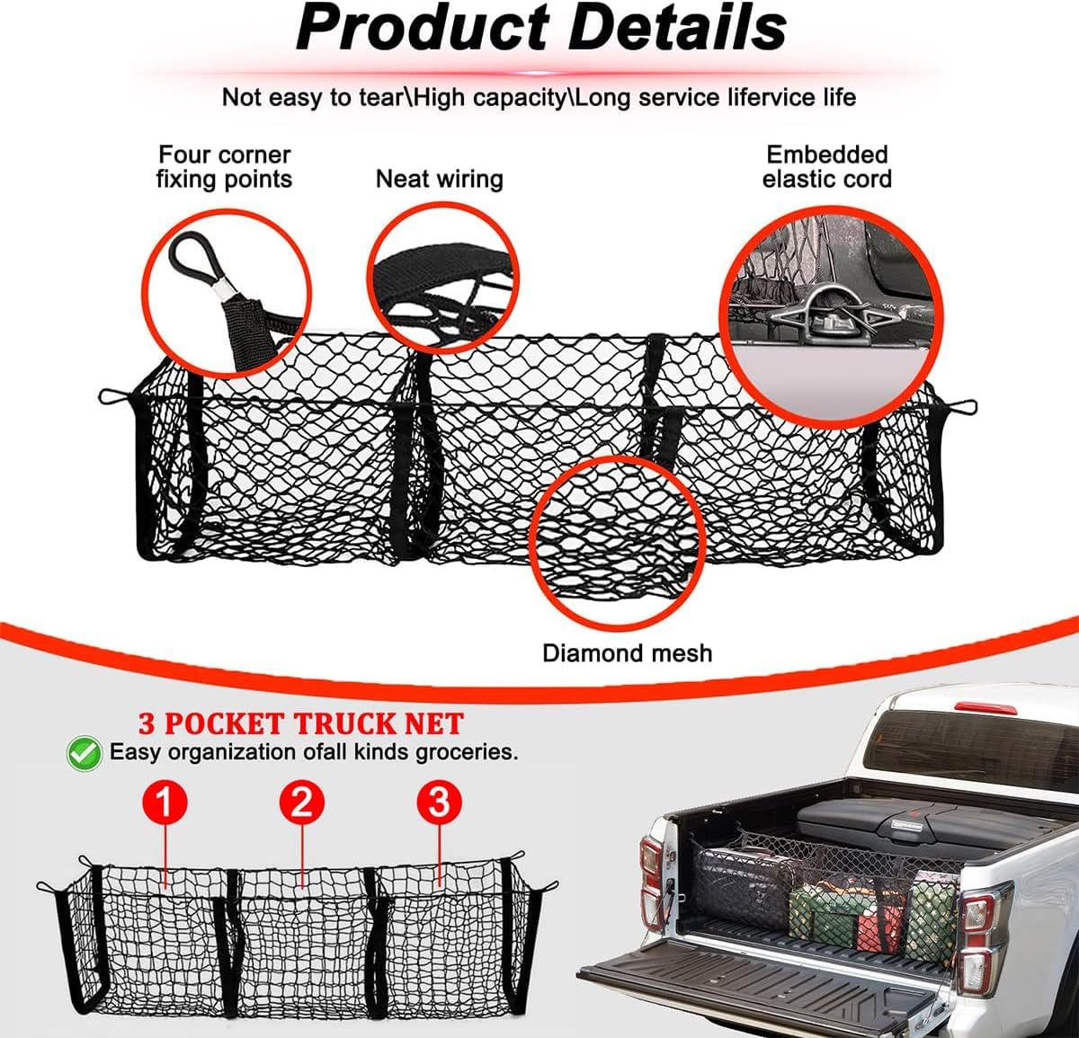 Rete per Bagagliaio di Camioncino per Ford Ranger 1998-2006, Rete Carico 3 Tasche Rete Carico per Pickup Rete Bagagliaio per Auto Elastica,130 * 30