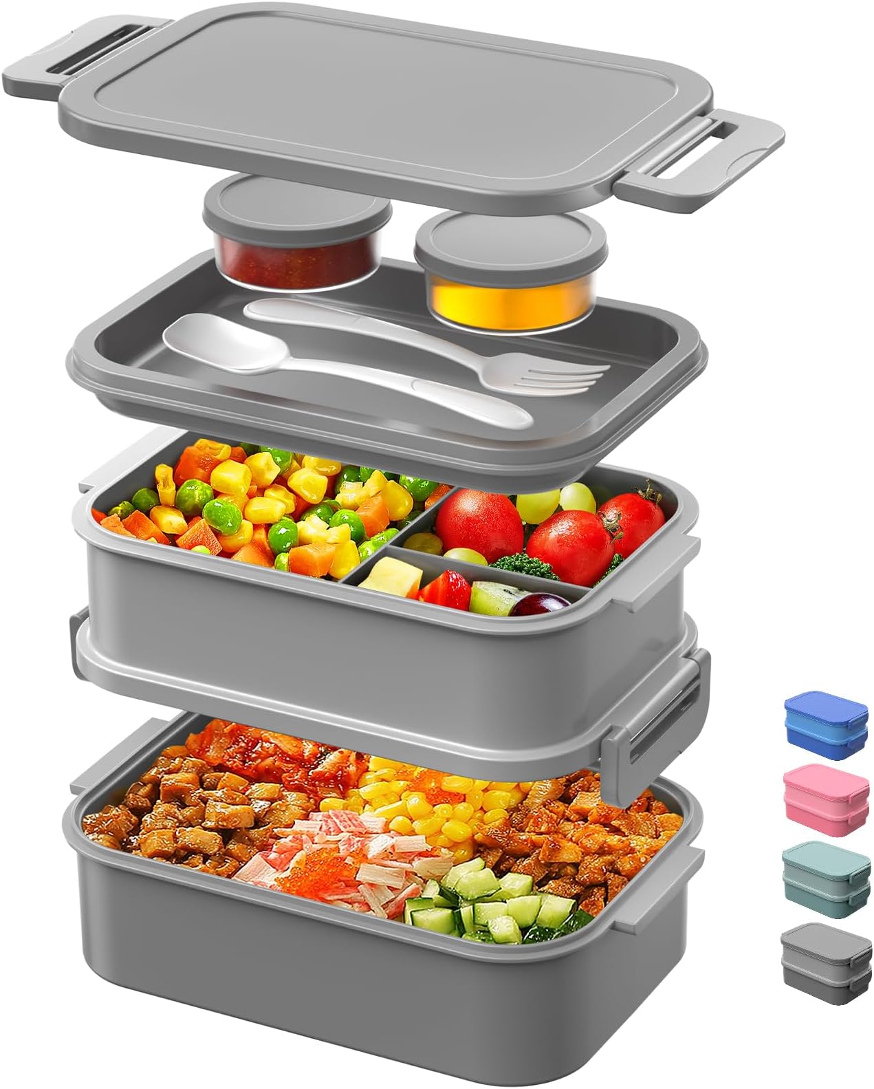 DaCoolAdults Lunchbox Bento Box - 74 OZ All-in-One Stackable Lunch Box for Adults Men Women Teens Leakproof Bento Large Lunch Box Containers with Fork Spoon Sauce Box for Dining Out Work School,Grey