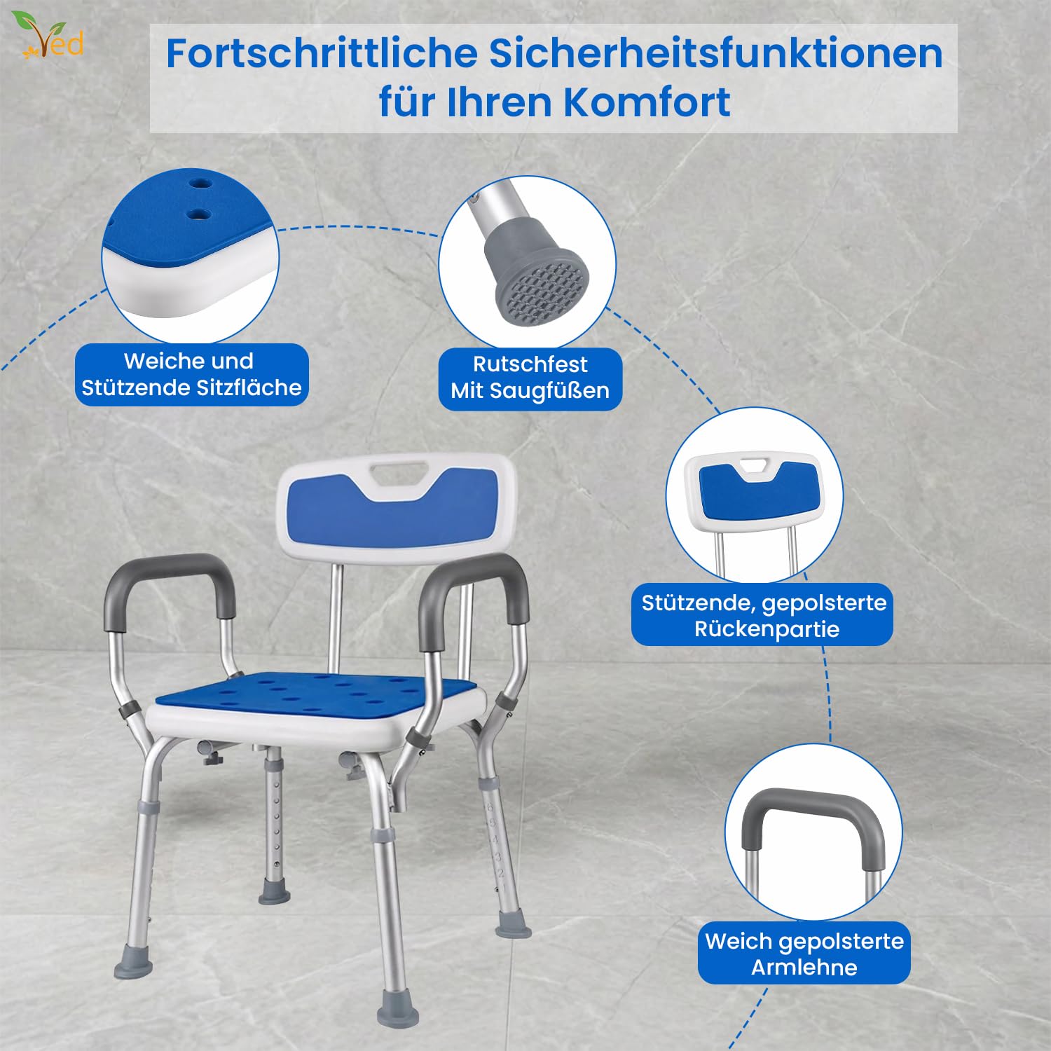 VED Duschstuhl | 6-Fach höhenverstellbare Duschbank | Inklusive gepolsterter Armlehne | rutschfeste Füße | Badewannenhocker für Senioren, Behinderte und Schwangere,(330 lb Capacity 43D x 12W x 50.6H)
