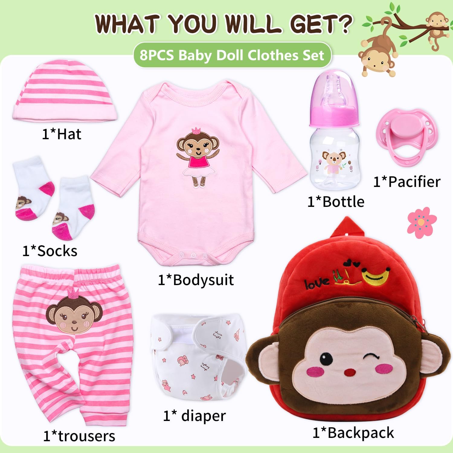 8 Pcs Reborn Baby Doll Clothes with Cute Monkey Backpack for 17-22 Inch Babydolls, Baby Doll Accessories and Clothes Outfit fit Newborn Girl