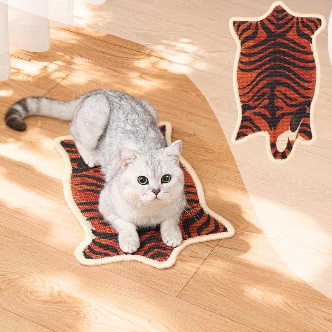 Natural Sisal Cat Scratching Mat – Natural Sisal Pad for Wall & Floor, Hanging Cat Scratcher, Novelty Shaped Furniture Protector (Leaf, Rose, Tiger Print) (Tiger Print)