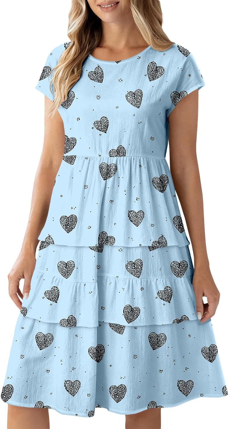 domirica Floral Print Layered Midi Dress for Women Short Sleeve Crew Neck Flowy Loose Fit Spring Casual Dresses