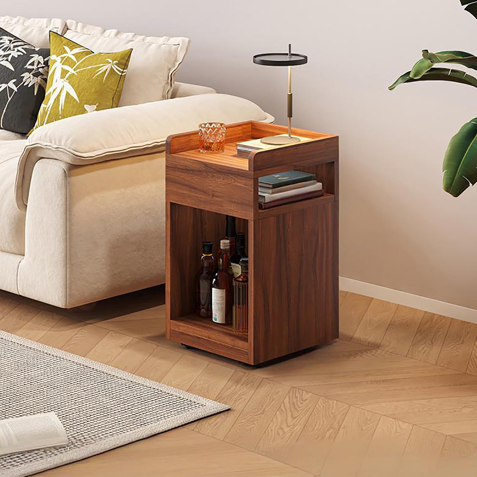 Table d'appoint moderne en bois massif avec rangement et roulettes