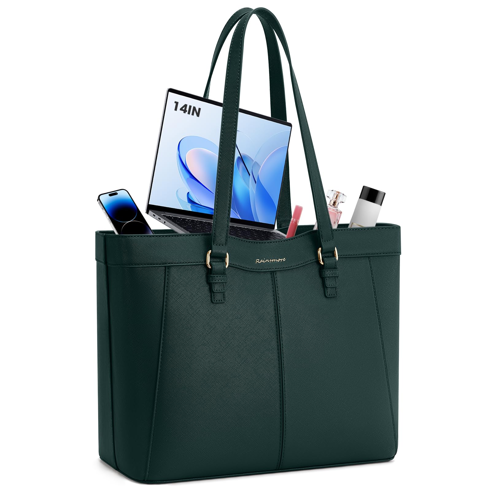 RAINSMORE Handtasche Damen Wasserdichte Shopper Tasche Laptoptasche Damen | 14-Zoll Arbeitstasche Schultertaschen Henkeltasche Tote Bag mit Reißverschluss für Arbeit Schule Einkaufen Business Grün