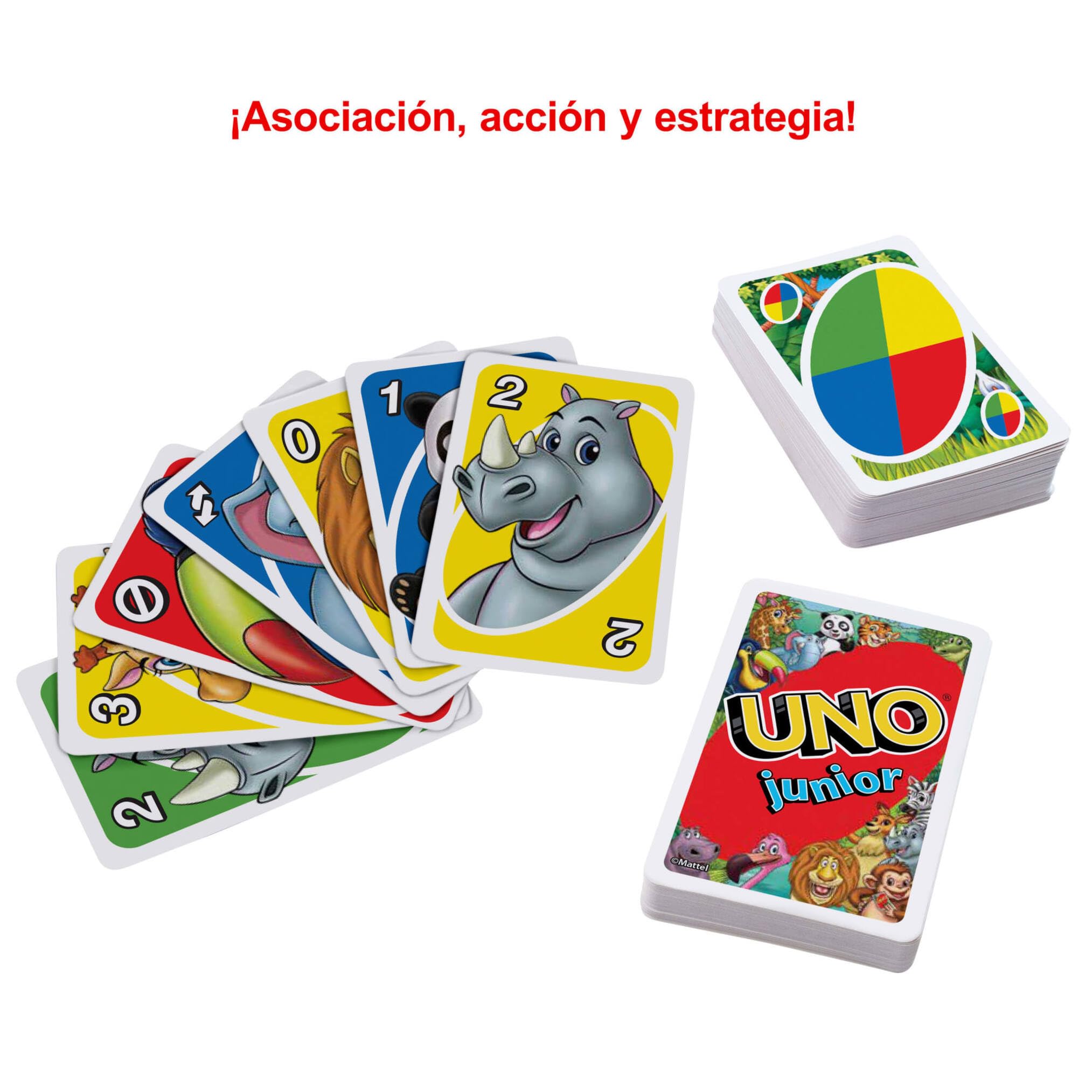 Mattel Games, Juego de Cartas UNO Junior, Juego de Mesa para niños con Dibujos de Animales (Mattel GKF04)