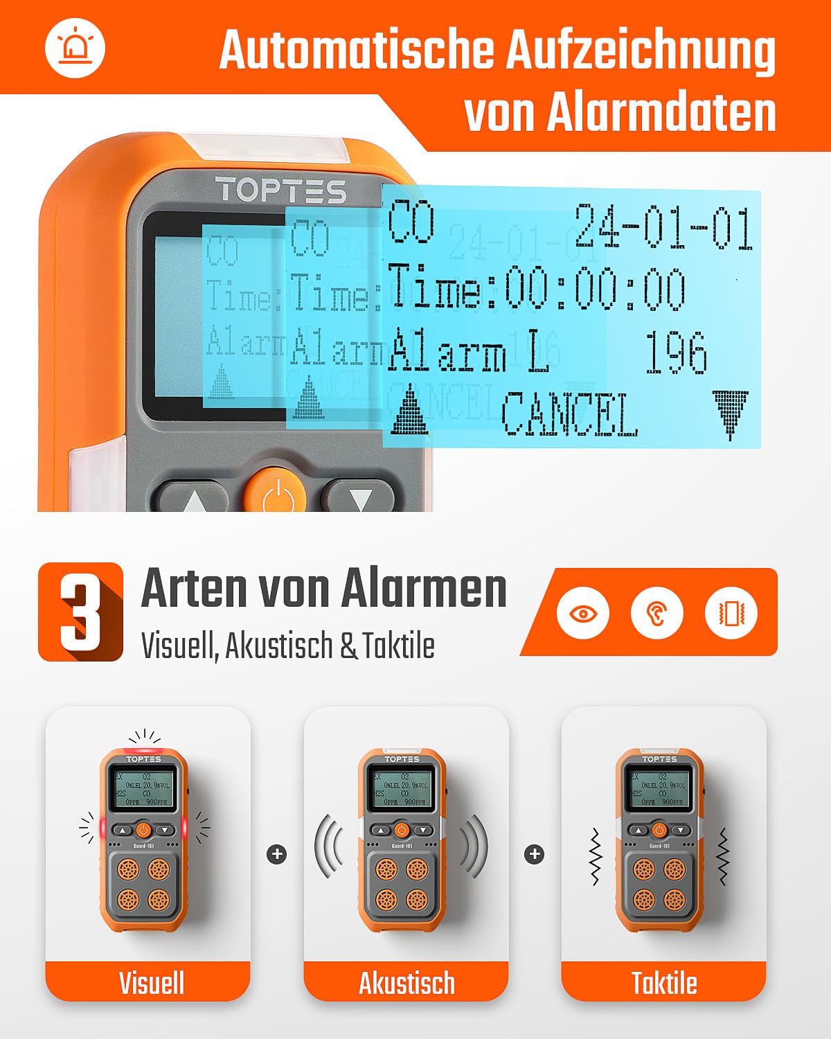 TopTes Guard-101 Gasmelder, 4 Gasmelder Für H2S, CO, LEL Und O2, Mit Vibration, Licht- Und Tonalarm, 14 Stunden Batterielaufzeit, Explosionsgeschützt, Für Arbeit Und Zuhause - Orange