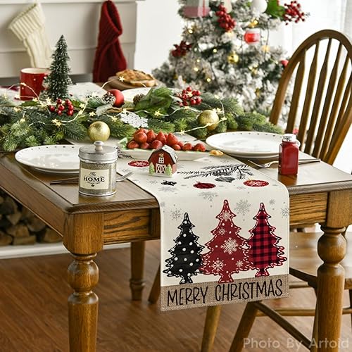 Miniatura 2 de Artoid Mode Camino de mesa de Navidad de árboles de pino rojo, decoración de mesa de comedor para decoración de fiesta del hogar, 13 x 108 pulgadas