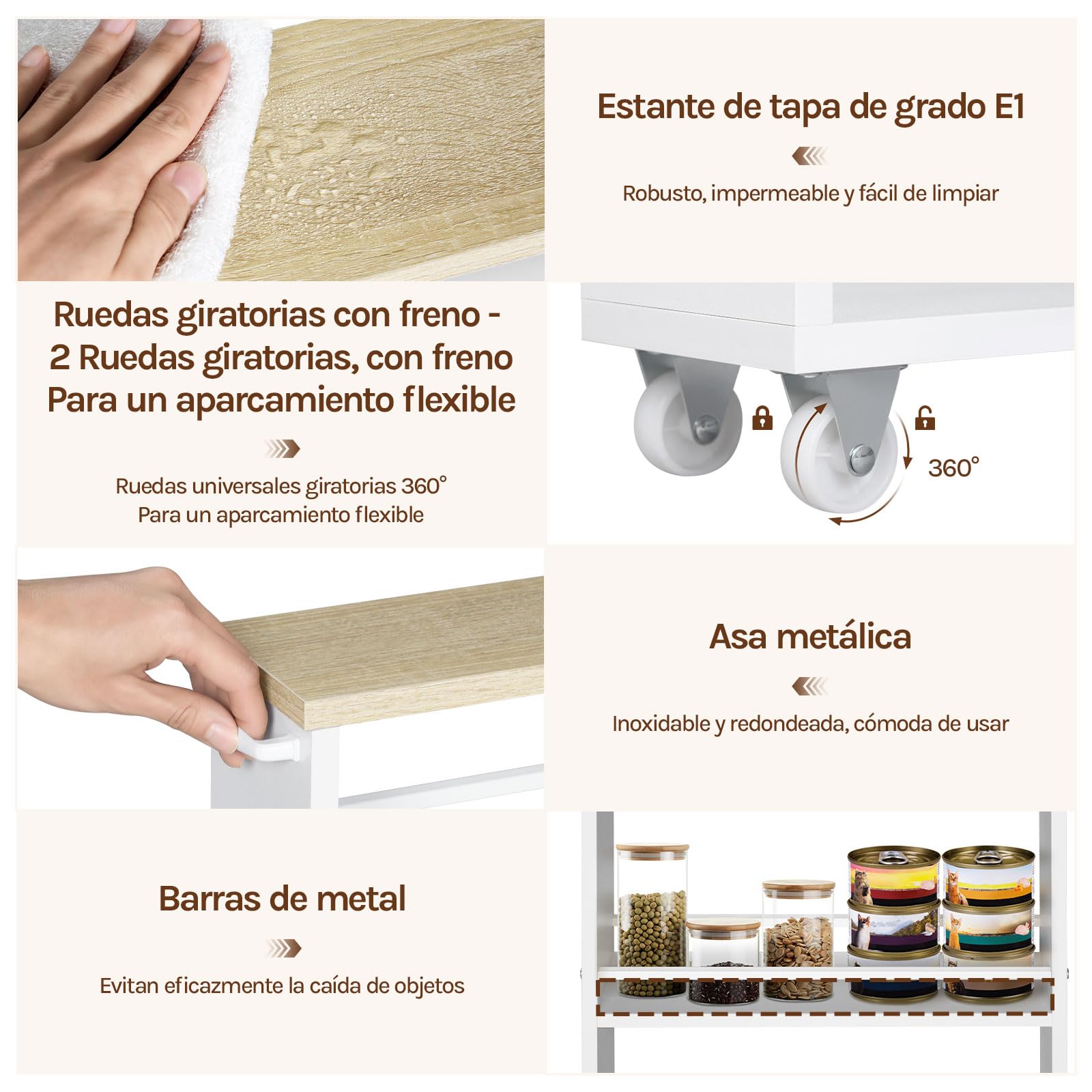 WOLTU Carrito de Cocina con 3 Niveles, Carro Auxiliar Cocina con Ruedas, Estanteria Estrecha de Almacenamje, Madera y Metal, con Frenos y Asa, 47x13x80 cm, Blanco+Roble Claro