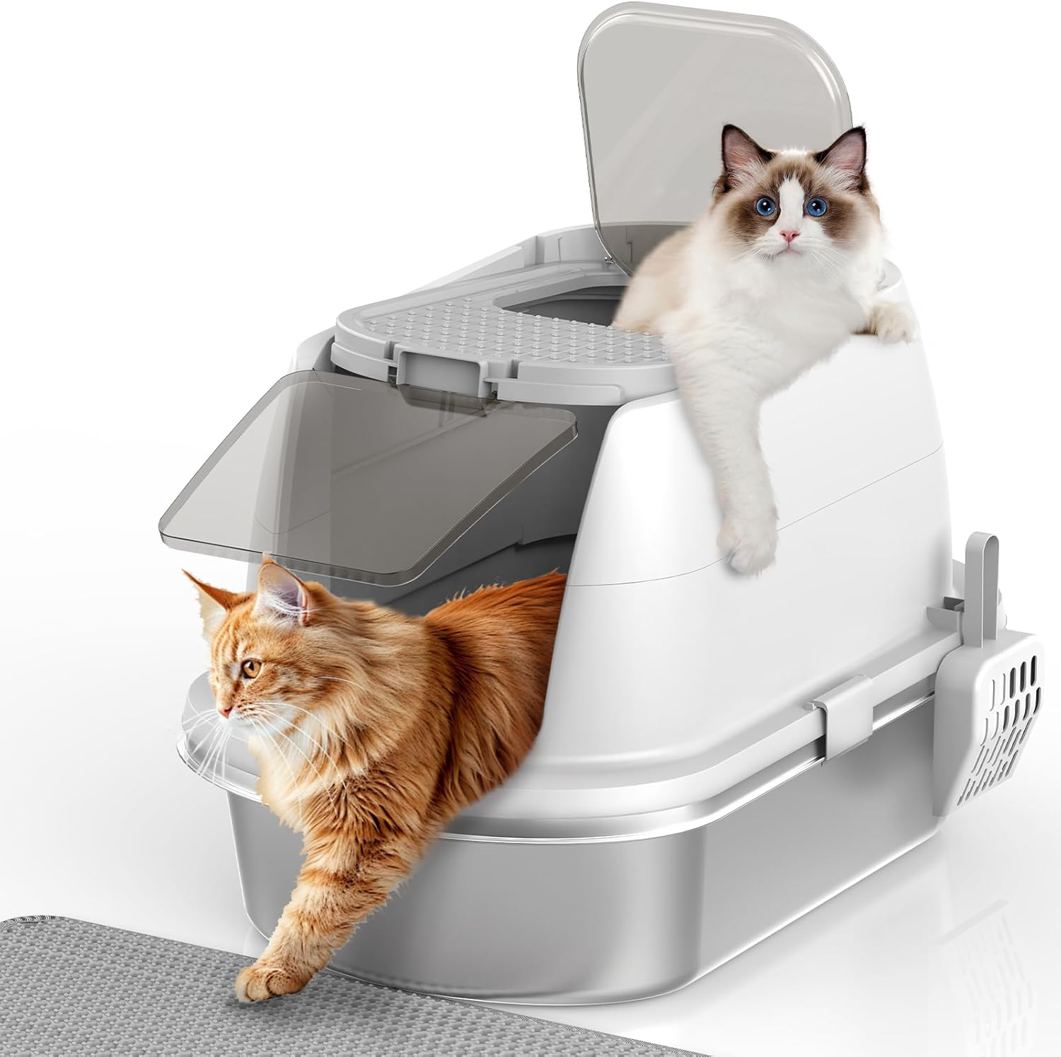 Stainless Steel Litter Box with Lid,Top Entry Covered Kitten Litter Box, Enclosed Litter Tray for Easy Cleaning & Odor Control, Includes Scoop and Litter Mat, Hooded Cat Litter Pan for Cats (White)