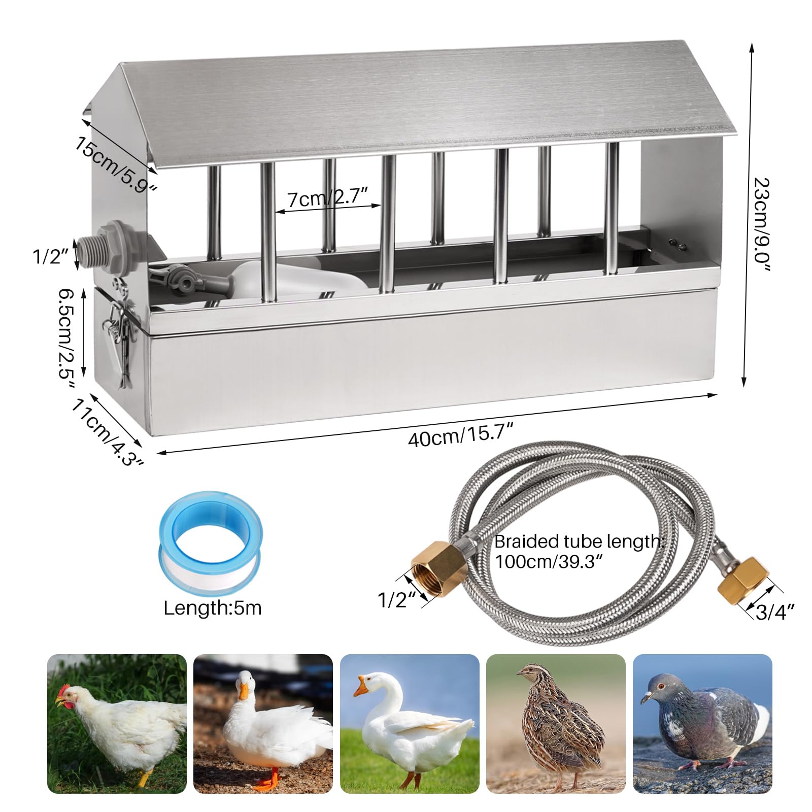 Abbeveratoio automatico per polli in acciaio inox, grande sistema di abbeveratoio per pollame, con kit di valvola galleggiante, accessori per piccioni, anatre, oca
