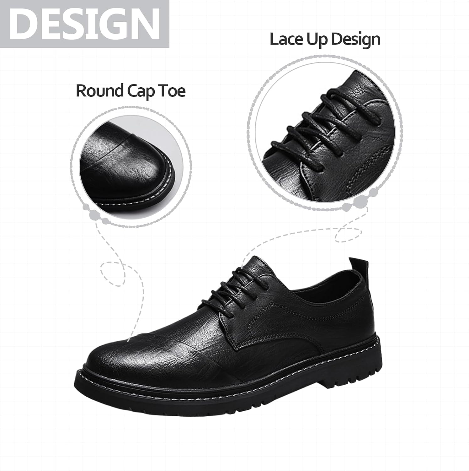Mens Leather Cap Toe Causal Oxfords Vintage Round Toe Comfort Lug Sole Classic Lace-Up Business Formal Derby Sneakers Shoes for Wedding Party Fashion Office Work Daily