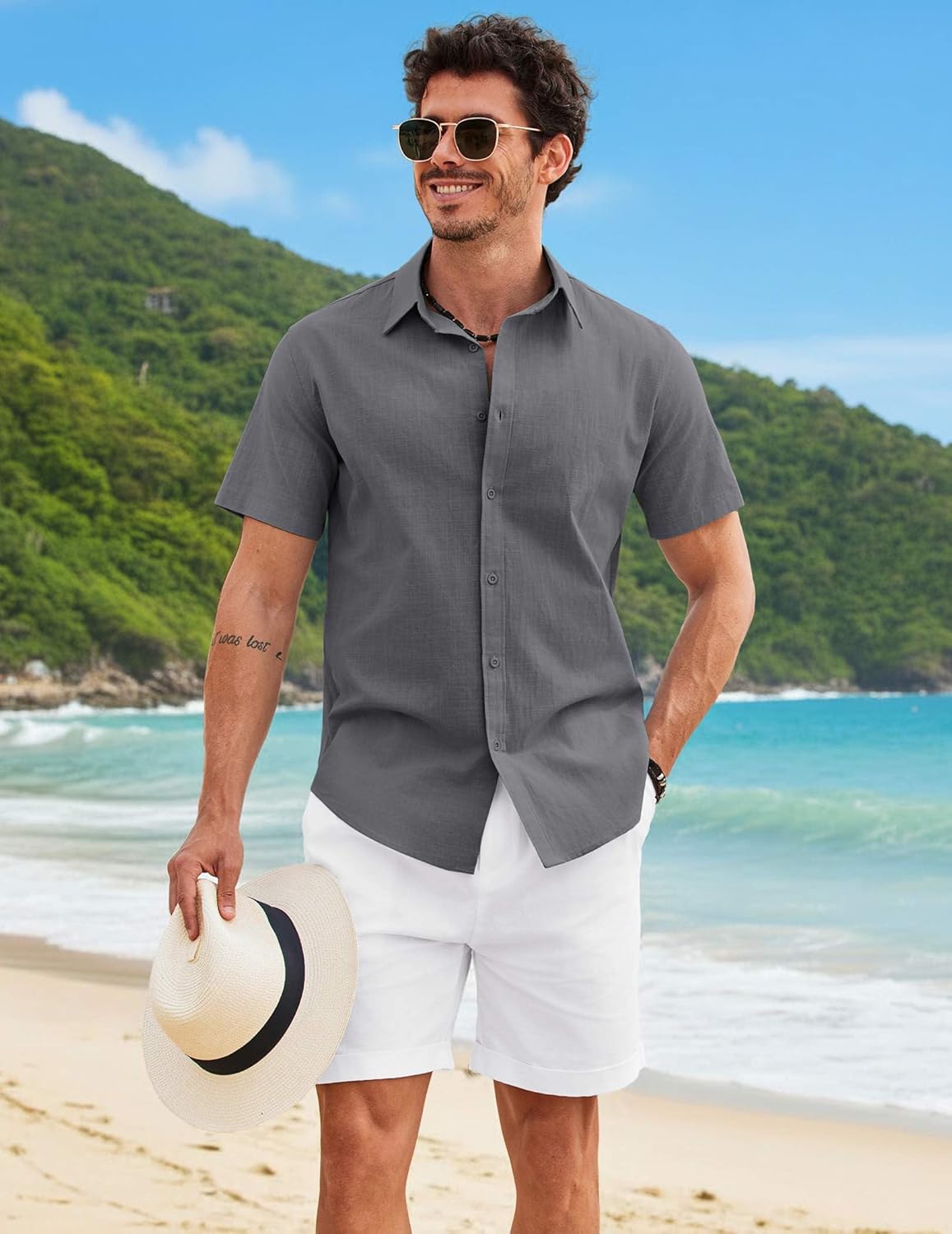 COOFANDY Mens Button Down Shirts Short Sleeve Casual Shirt Cotton Summer Beach Linen Wedding Shirts - Image 2