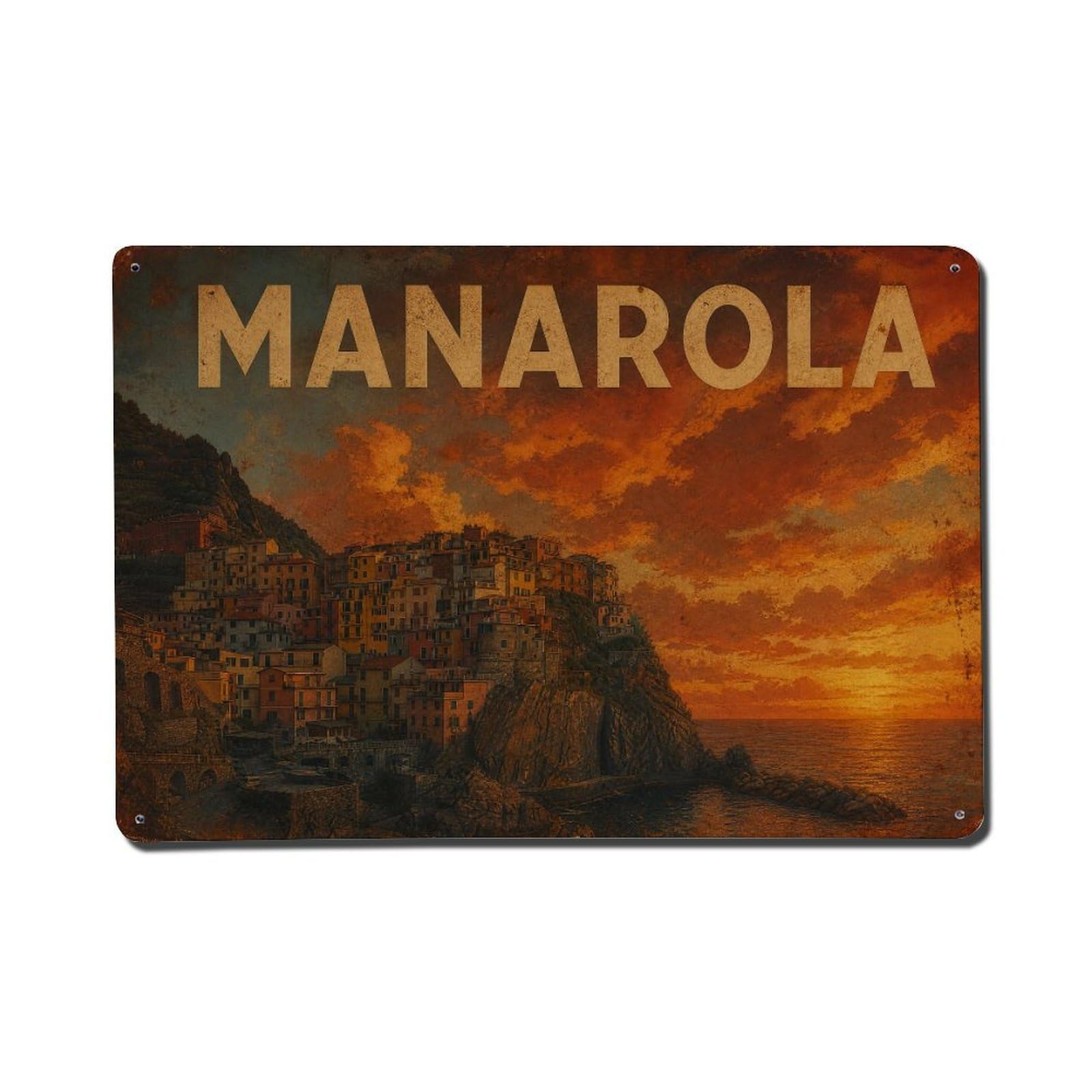 Vintage Travel Manarola Sunset Clouds Dramatic Sky Italy Metal Tin Sign