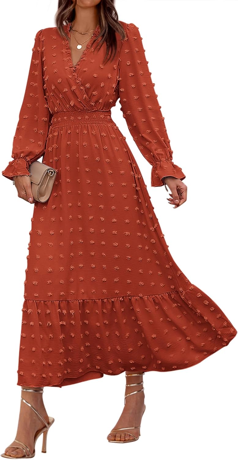 BTFBM Women Fall Dresses 2024 Long Sleeve V Neck Swiss Dots Maxi Dress Boho Long Dress High Waisted A-Line Ruffle Dress
