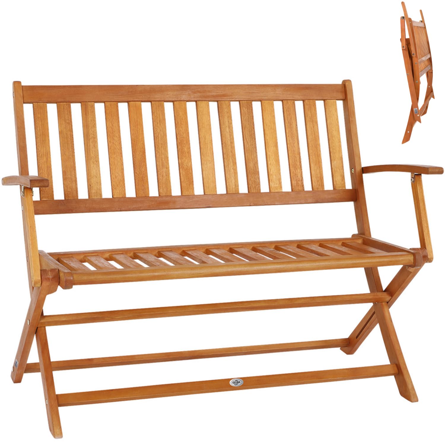 CASARIA® 2 Seater Wooden Garden Bench Folding | FSC Certified Eucalyptus Wood | Indoor & Outdoor | Foldable with Armrests | Fold Up Solid Garden Furniture Park Bench