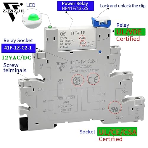 Miniatura 22 de Relé de potencia miniatura 12V CC/AC HF41F/12-ZS 5 pines 1NO 1NC 6A SPDT, base de enchufe con indicador LED 41F-1Z-C2, con carril DIN, 3 relés