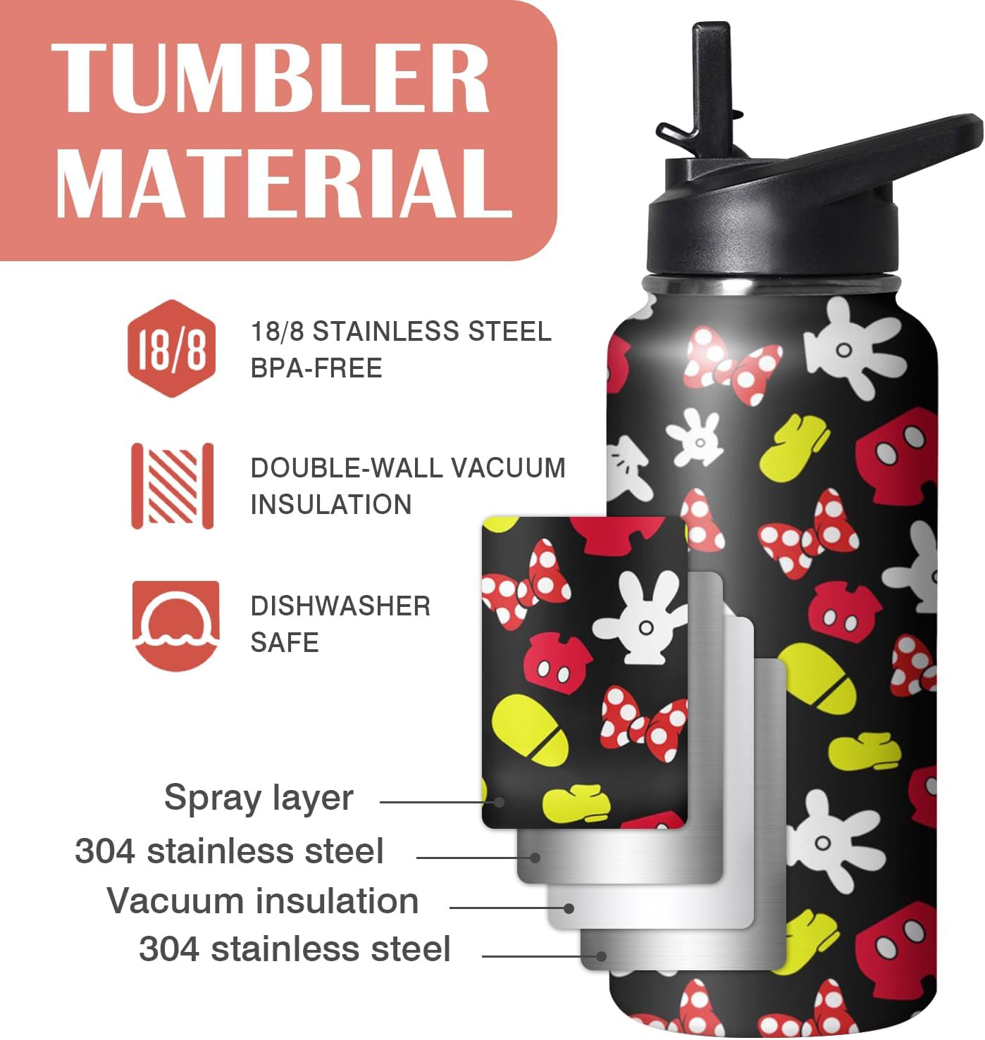 Cute Cartoon Tumbler with Top Handle and Straw Lid Gift for Boys Girls Water Bottle Travel Kettle Cup for Car Cold and Hot Stainless Steel Double Wall Insulated Mug (mouse, 32oz) - Image 4