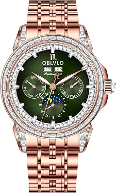 OBLVLO Luxury Mens 316L Stainless Steel Moonphase Automatic Watch Diamond Bezel 24-Hour Multifunction Mechanical Bracelet Watches GCM-MUT