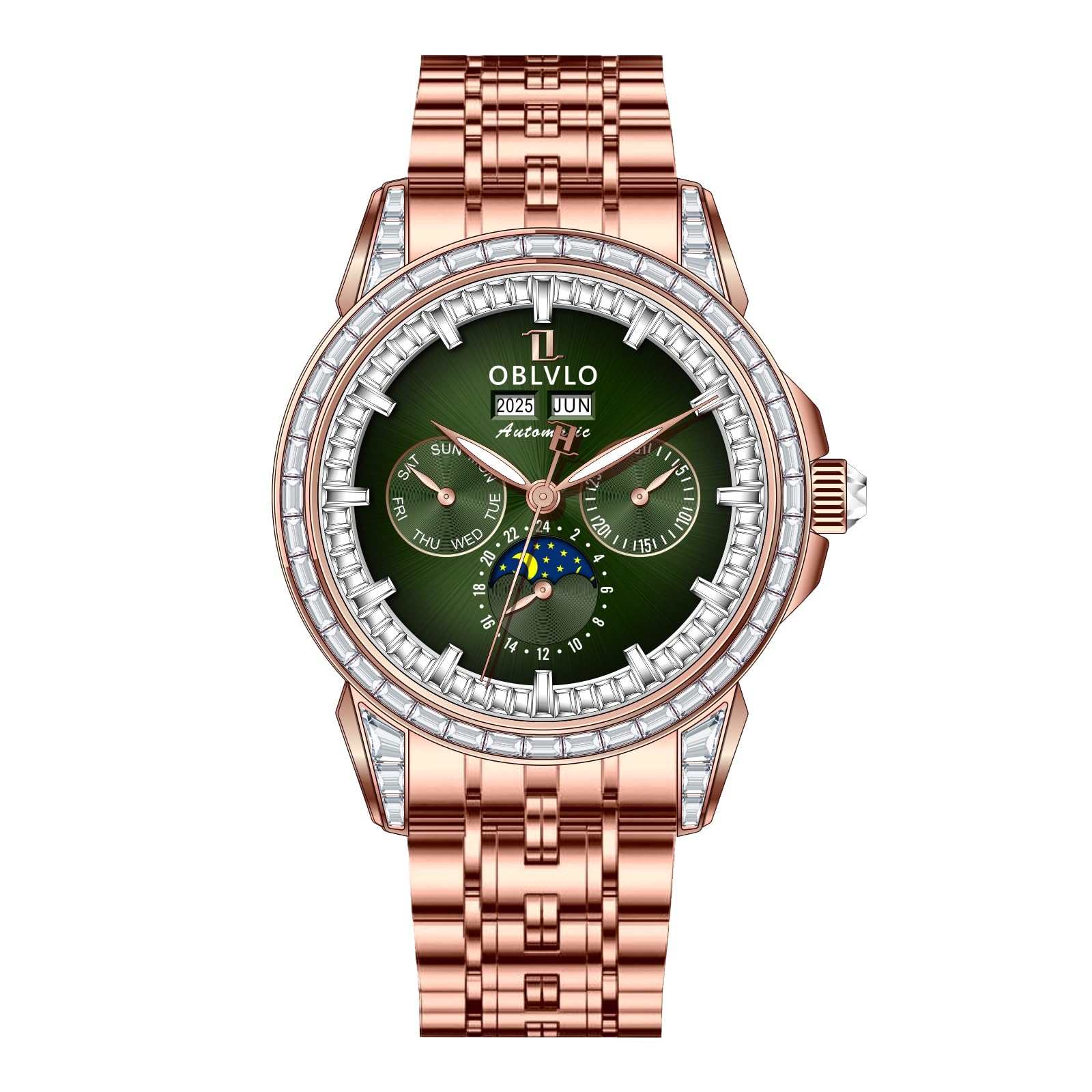 OBLVLO GCM-MUT Orologio da uomo di lusso in acciaio inossidabile 316L con fasi lunari con lunetta con diamanti multifunzione 24 ore