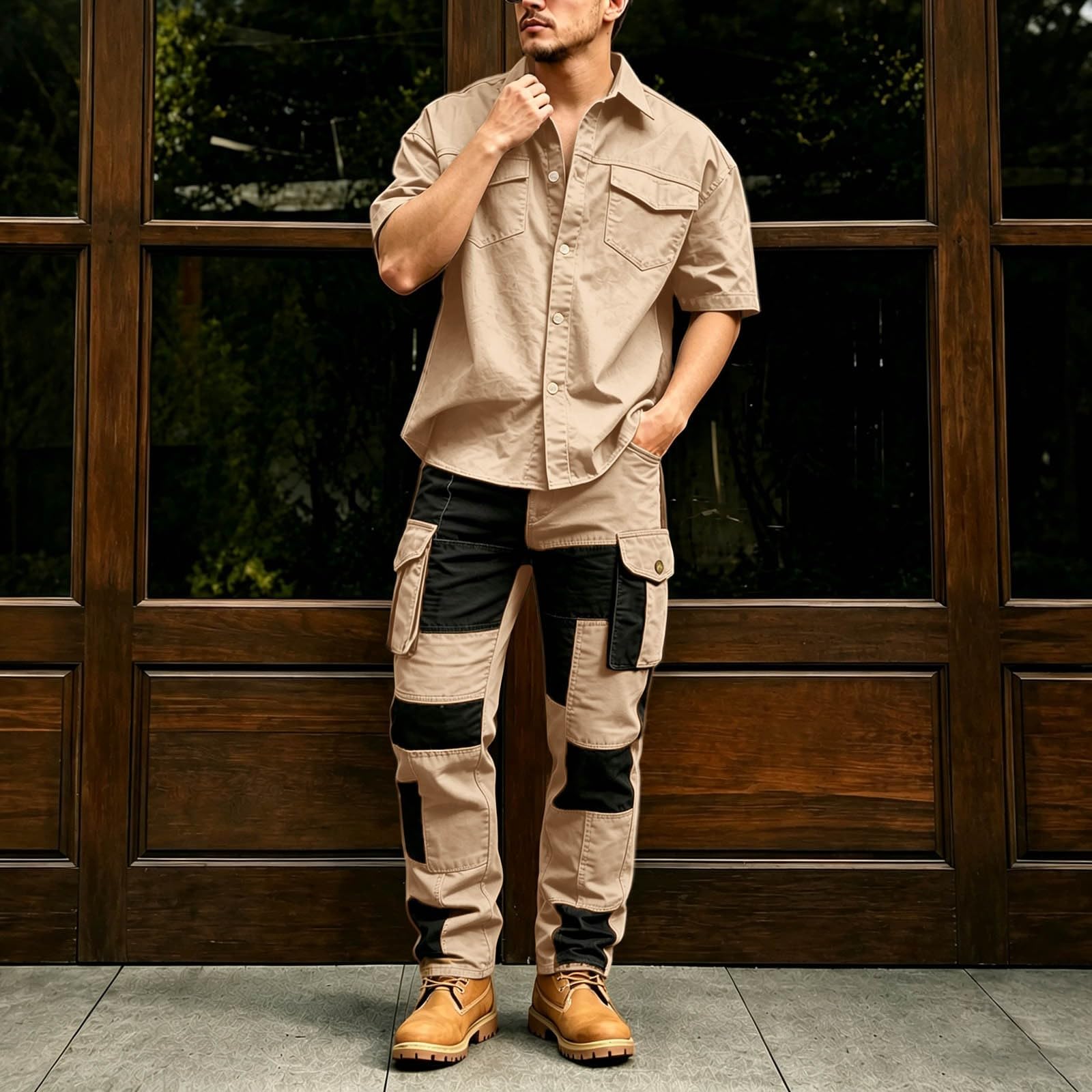 Generisch Set per il tempo libero da uomo, comodo e traspirante, in tinta unita, camicia a maniche lunghe + pantaloni alla moda, abbigliamento elegante per un appuntamento, abbigliamento leggero
