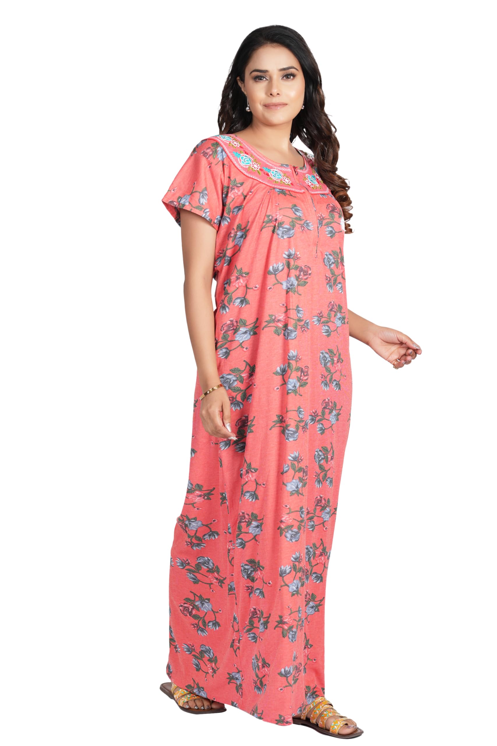 BHAVI Women's Hosiery Cotton Nighty/Nightgown/Maxi with Half Sleeves, Peach Floral Print (Size-L) Article-HS-143-picture-35