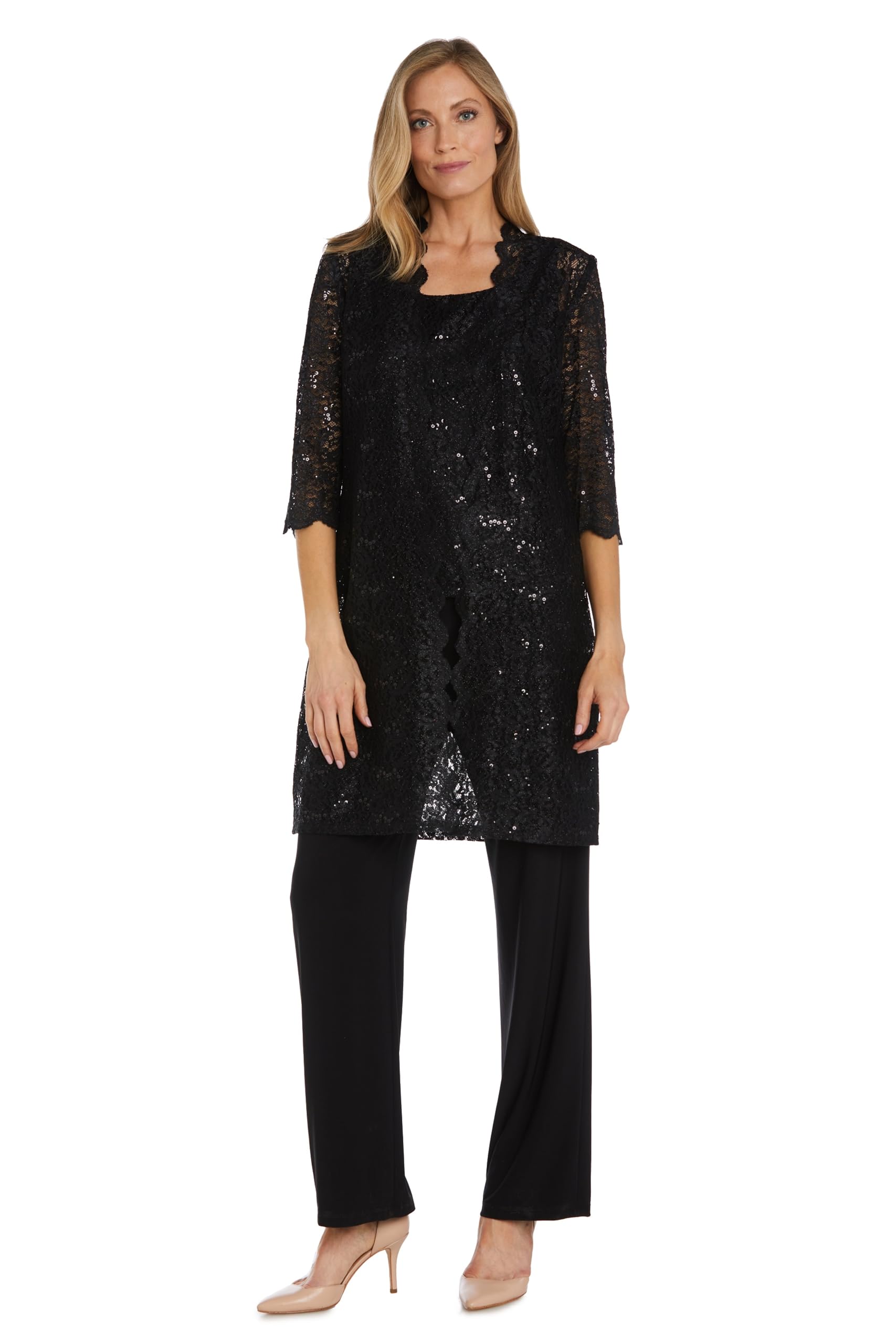 R&M Richards Women's Scallop Lace Duster Pant Set