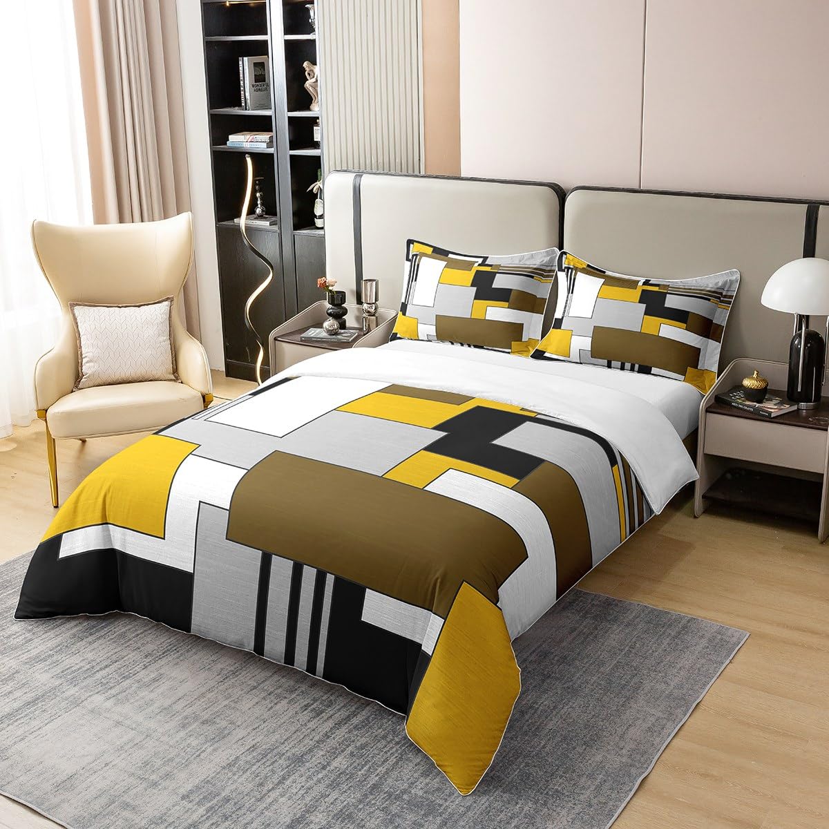Juego de ropa de cama geométrica de color amarillo, gris y marrón, funda de edredón geométrica individual para niños y niñas, funda de edredón moderna abstracta, 100% algodón, transpirable, cuadrada,