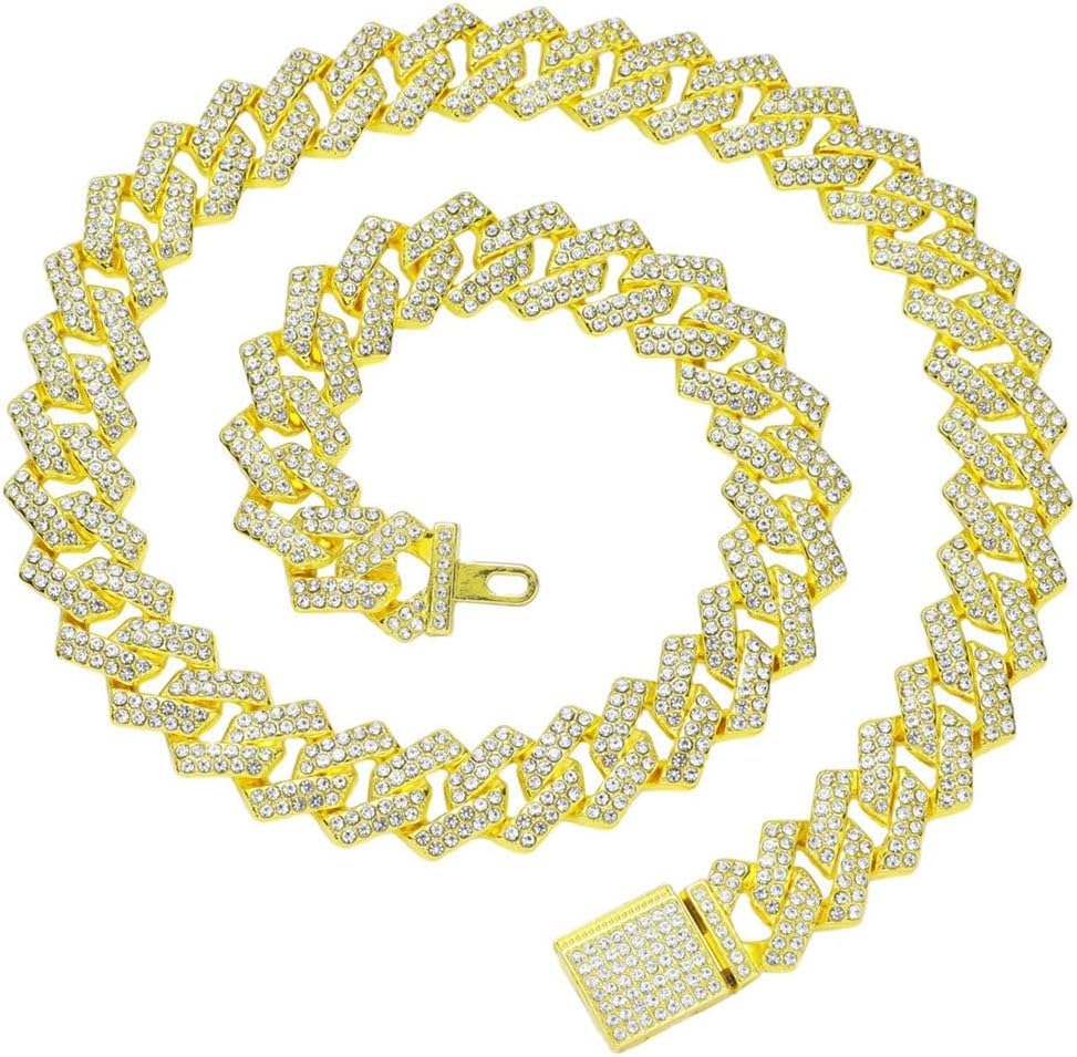 Image of Serijoars Dog Chain Diamond Collar, Bling Diamond Cuban Link Puppy Collars Glitter Chain Rhinestone Dog Necklace for Small Medium Large Pet Dogs (Gold, 24 inch)
