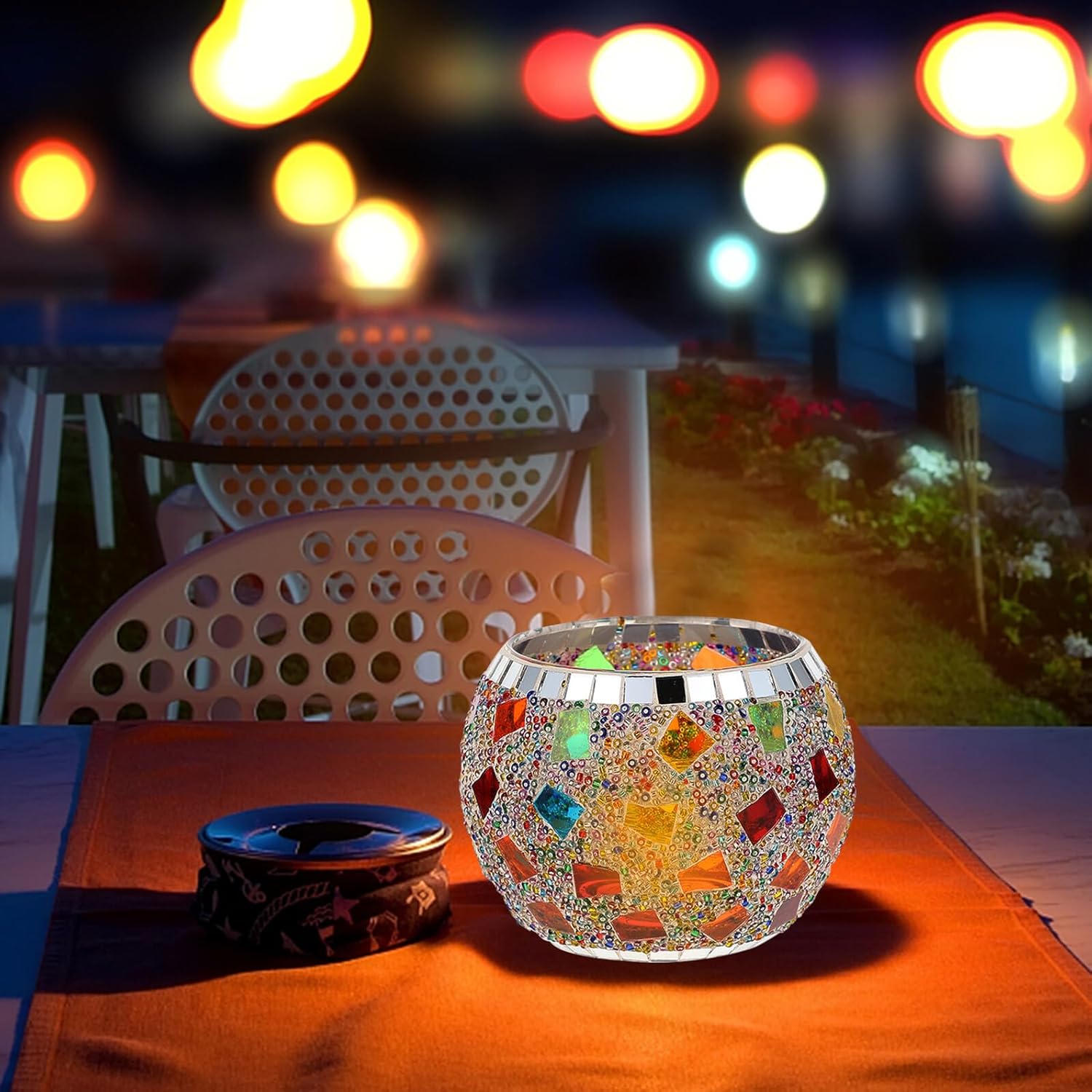 Homoyoyo 3pcs European Mosaic Glass Candleholder Set, Decorative Candlesticks with Wavy Pattern, Gold Snowflake Colorful Flag Designs for Romantic Candlelight Dinner, Wedding Table Decor,